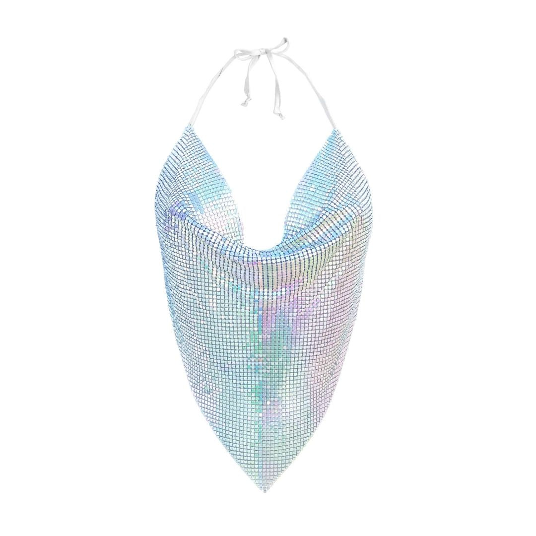 Opal chainmail diva top, sustainable and bold with backless halter neck and pastel shimmer