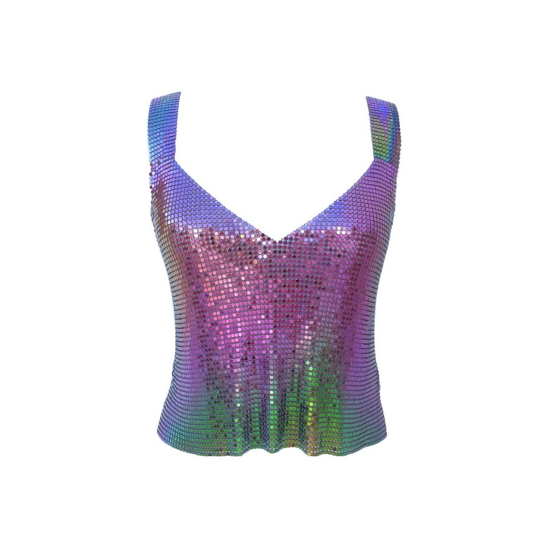 Chainmail metal top, basic V-neck style with shimmering multi-colored rainbow finish