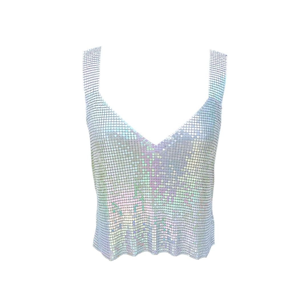 Opal chainmail metal top, minimalist V-neck design with shimmering pastel finish