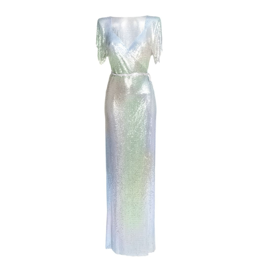 Iridescent opal-colored chainmail maxi dress, luxurious floor-length statement piece