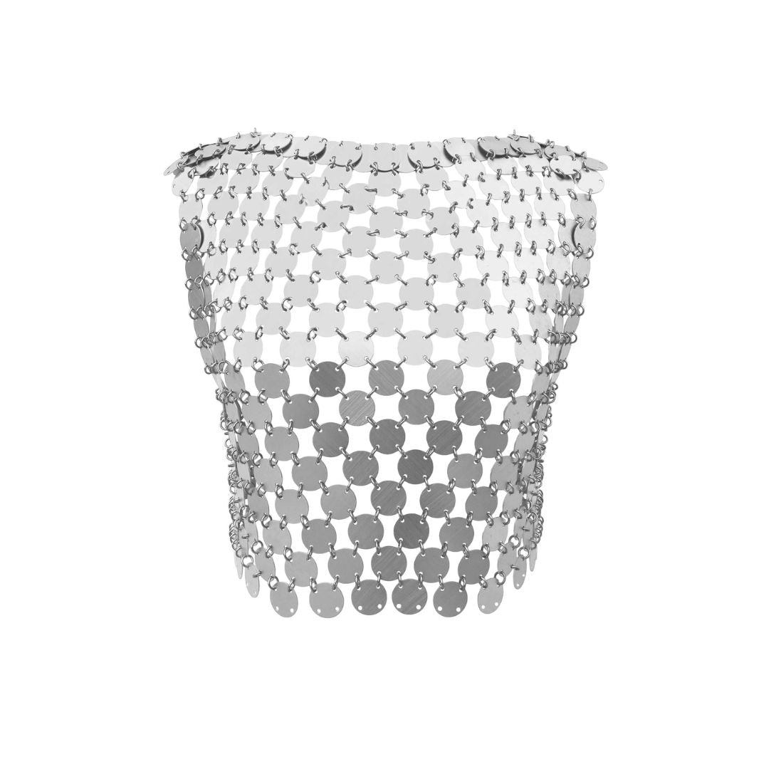 silver boat high neck top, crafted from polished metal discs and rings into chainmail for an elegant and unique look.