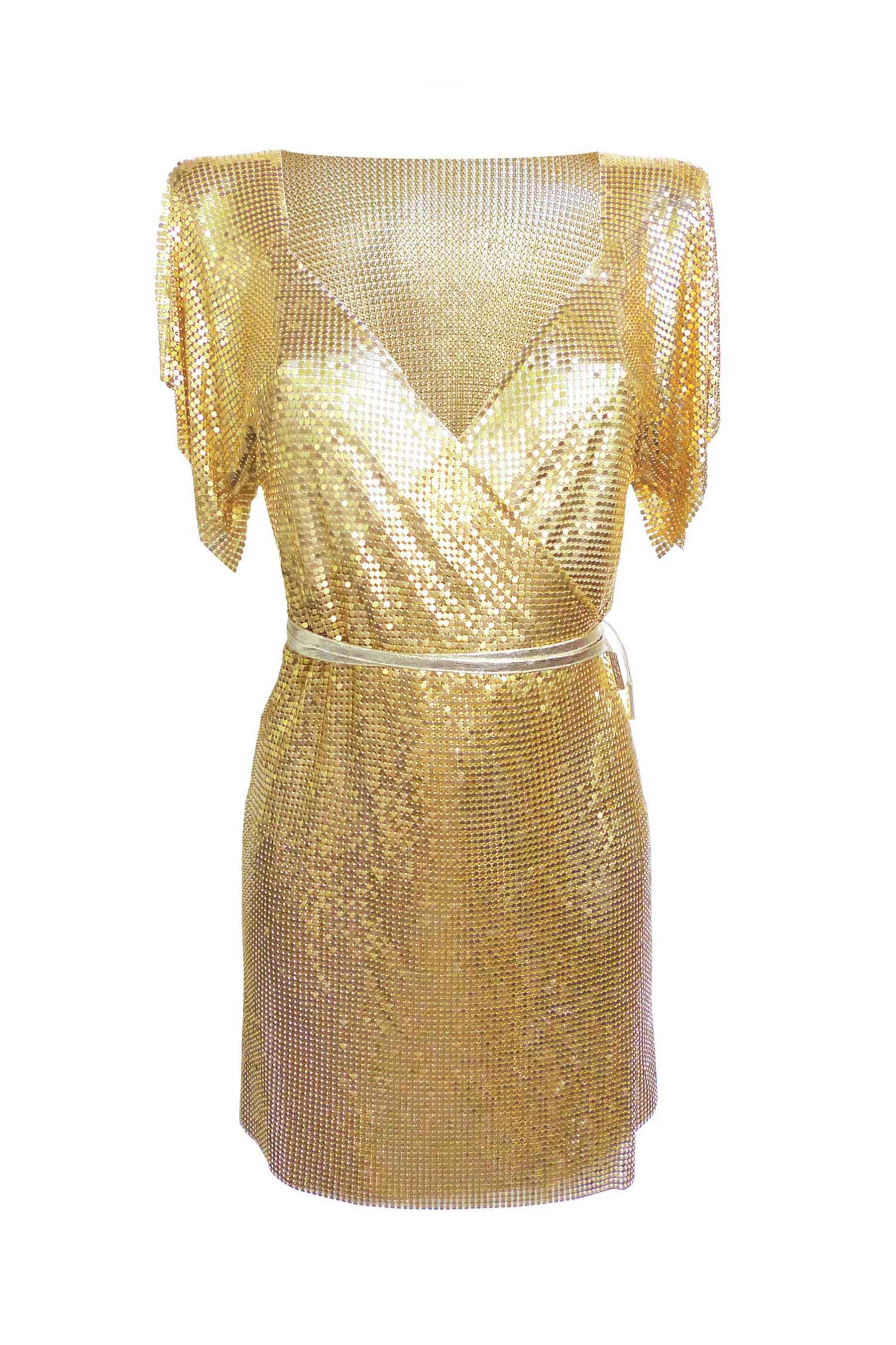 elazar mini dress gold shimmer Gold Chainmail Wrap-Style Metal Dress – Iconic Ibiza Party Wear – Isabel  Moore