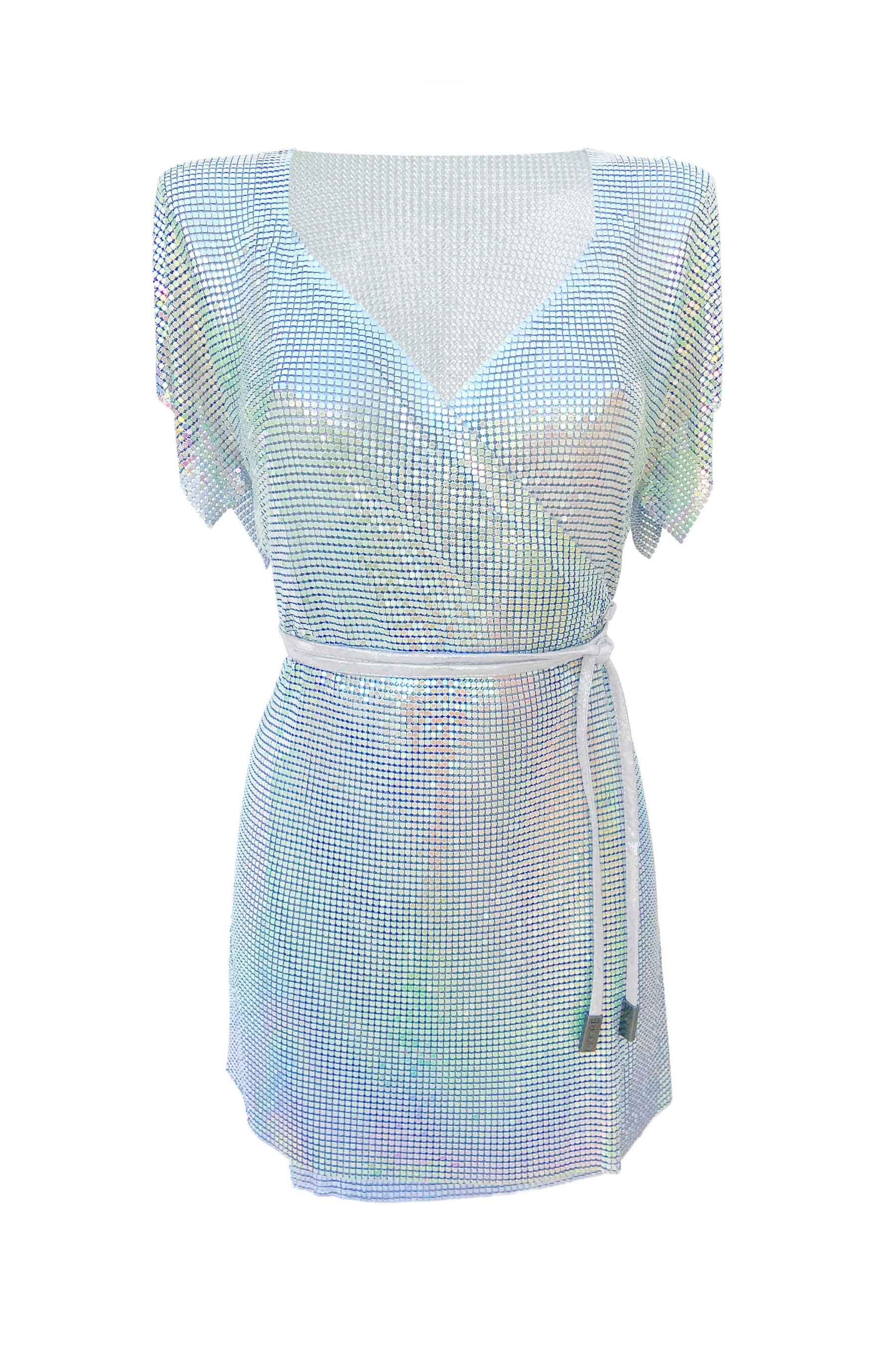 the tiers of the ocean rainbow metallic dress Iridescent Chainmail Metal Wrap Dress – Ibiza Event Fashion – Isabel Moore