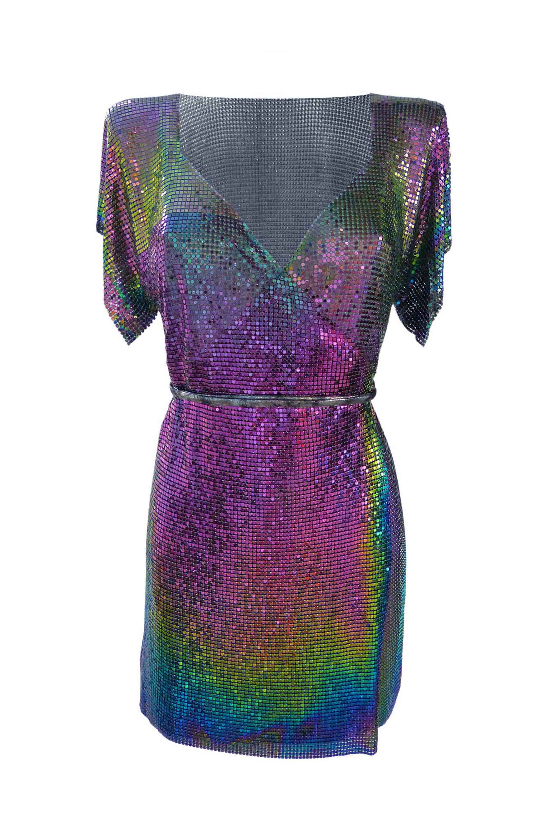 the tiers of the ocean rainbow metallic dress Iridescent Chainmail Wrap Dress – Ibiza Party Glam – Isabel Moore