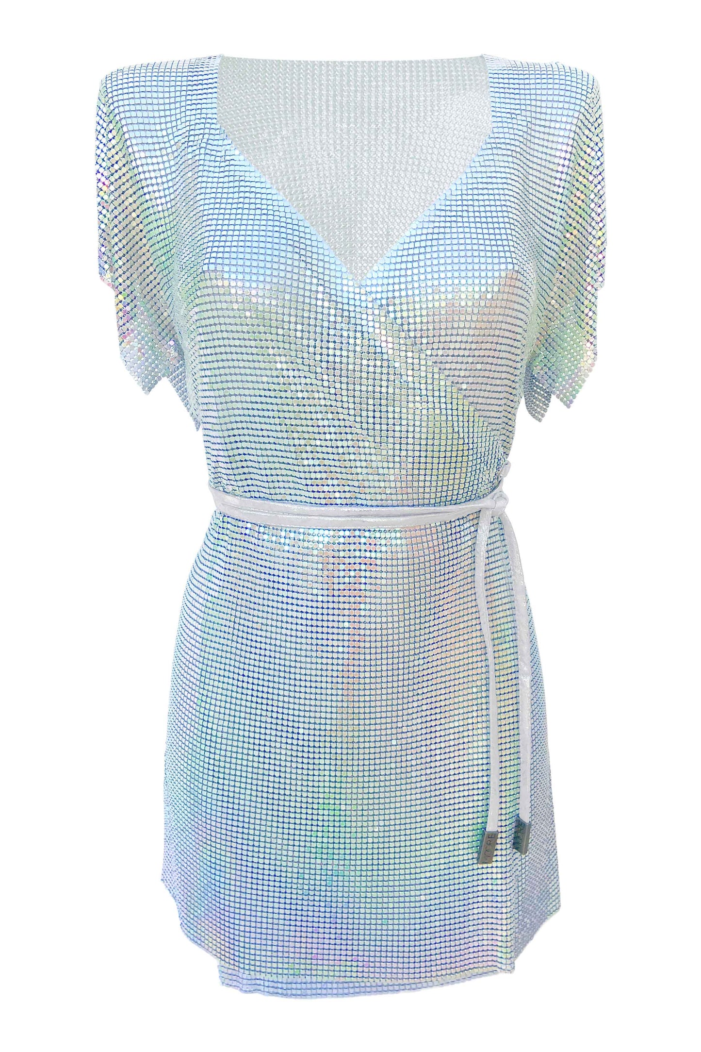 Elegant iridescent chainmail mini dress, designed for standout style at special occasions