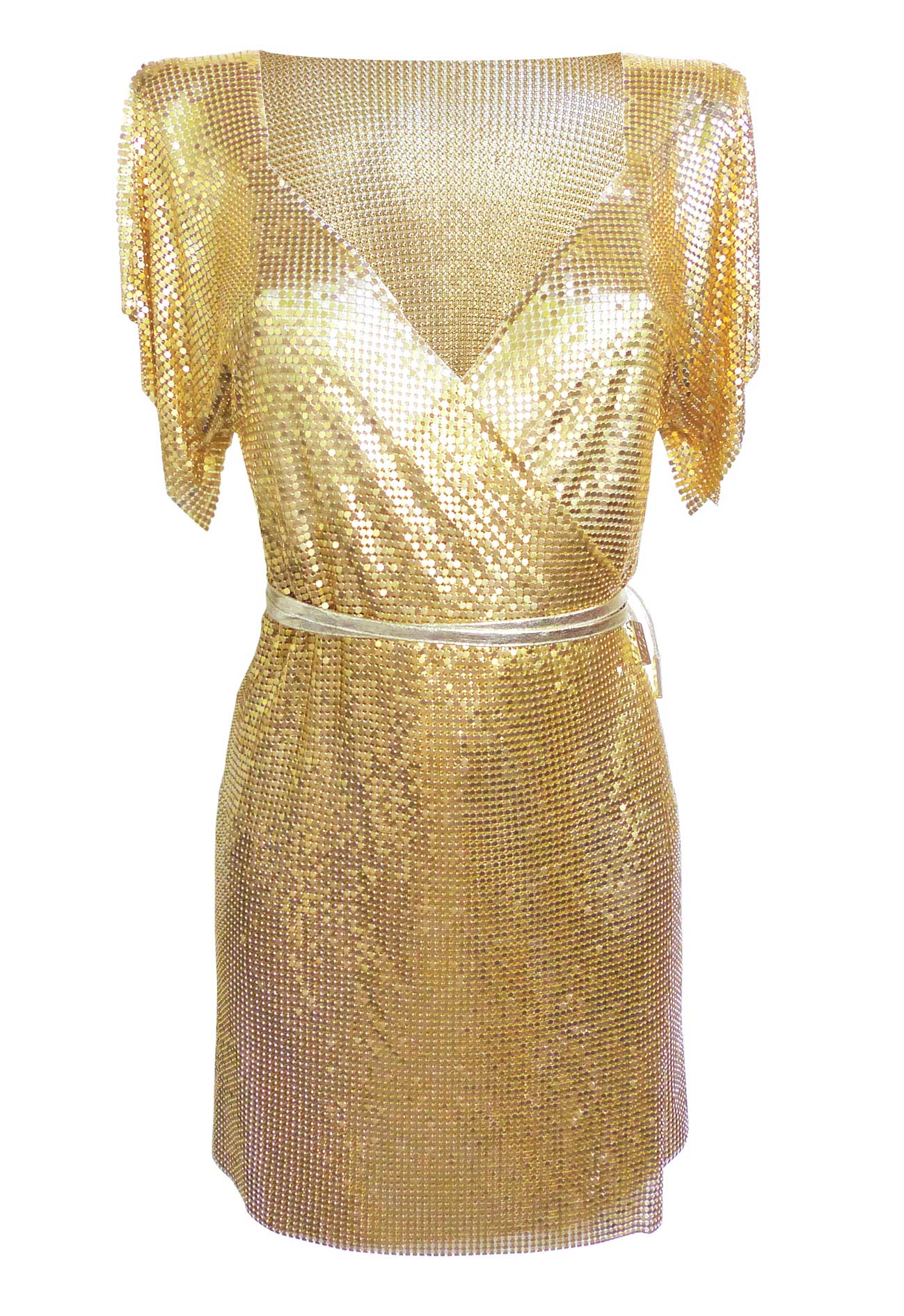 Ibiza-inspired gold chainmail dress, iconic style for festivals and nightlife
