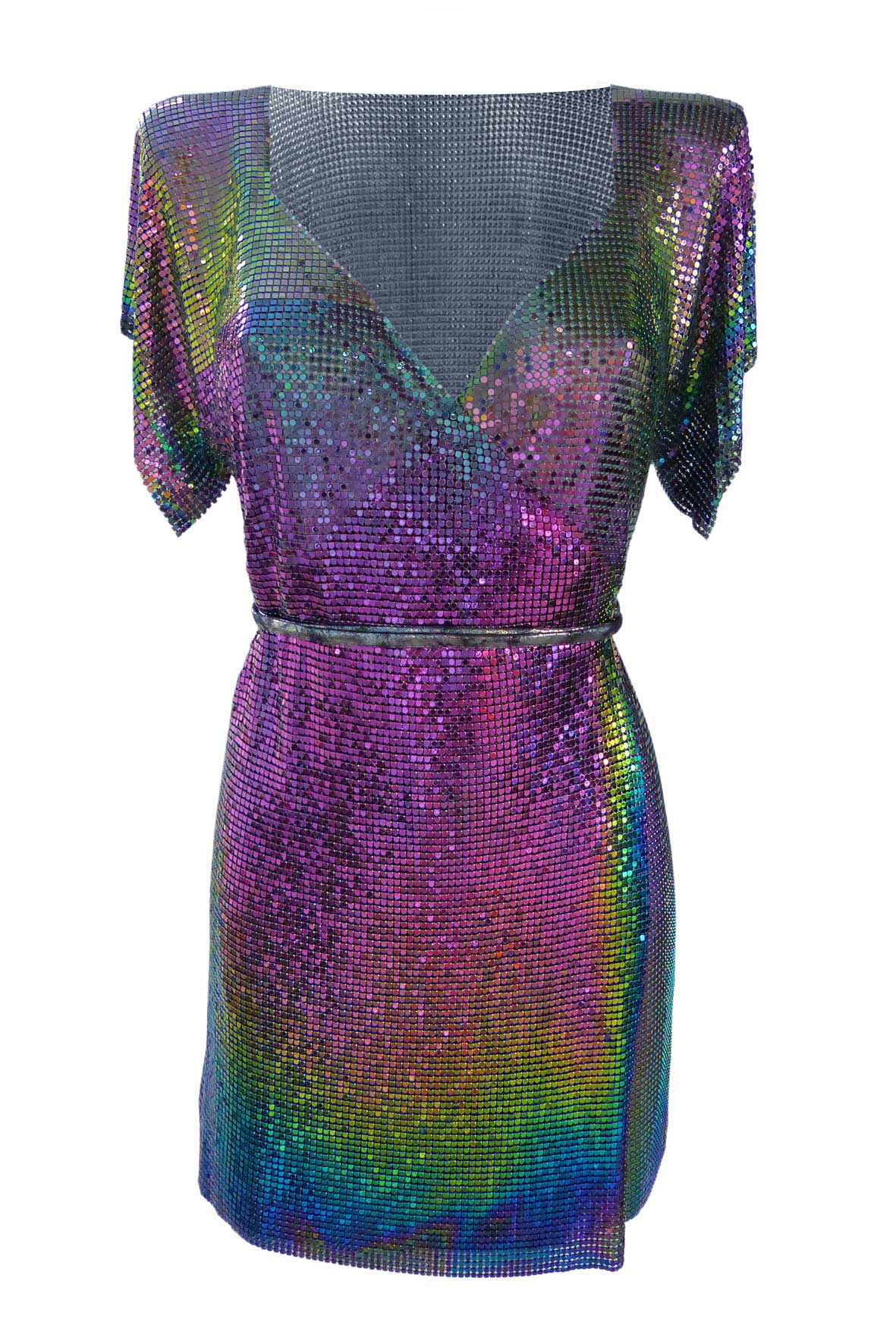 Ibiza-inspired petrol chainmail dress, unique metallic look with multi-color shimmer