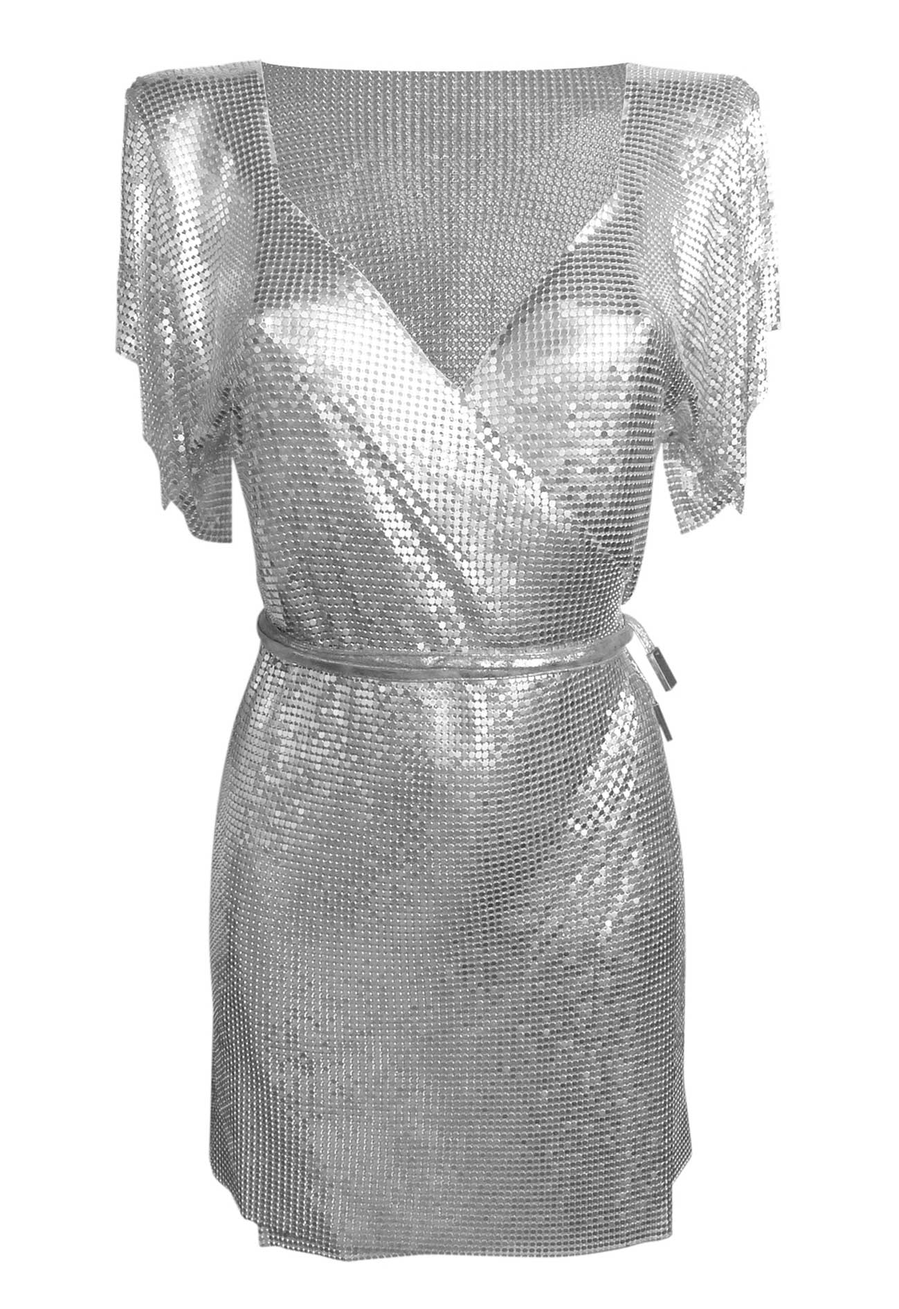 Edgy silver chainmail wrap dress, ideal statement piece for parties and celebrations