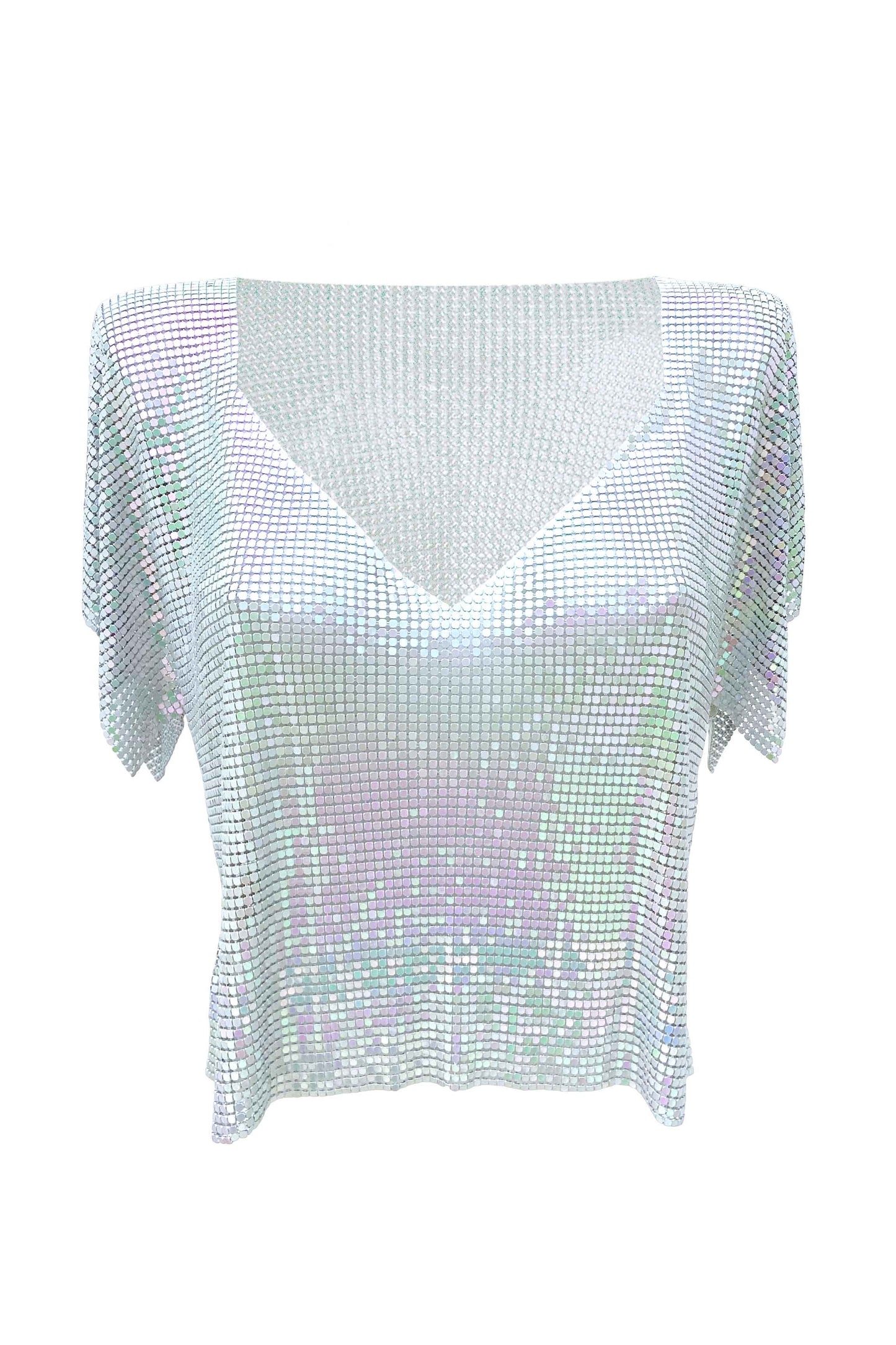 Chic opal V-neck metal top, sustainable chainmail with iridescent pastel shimmer and relaxed style