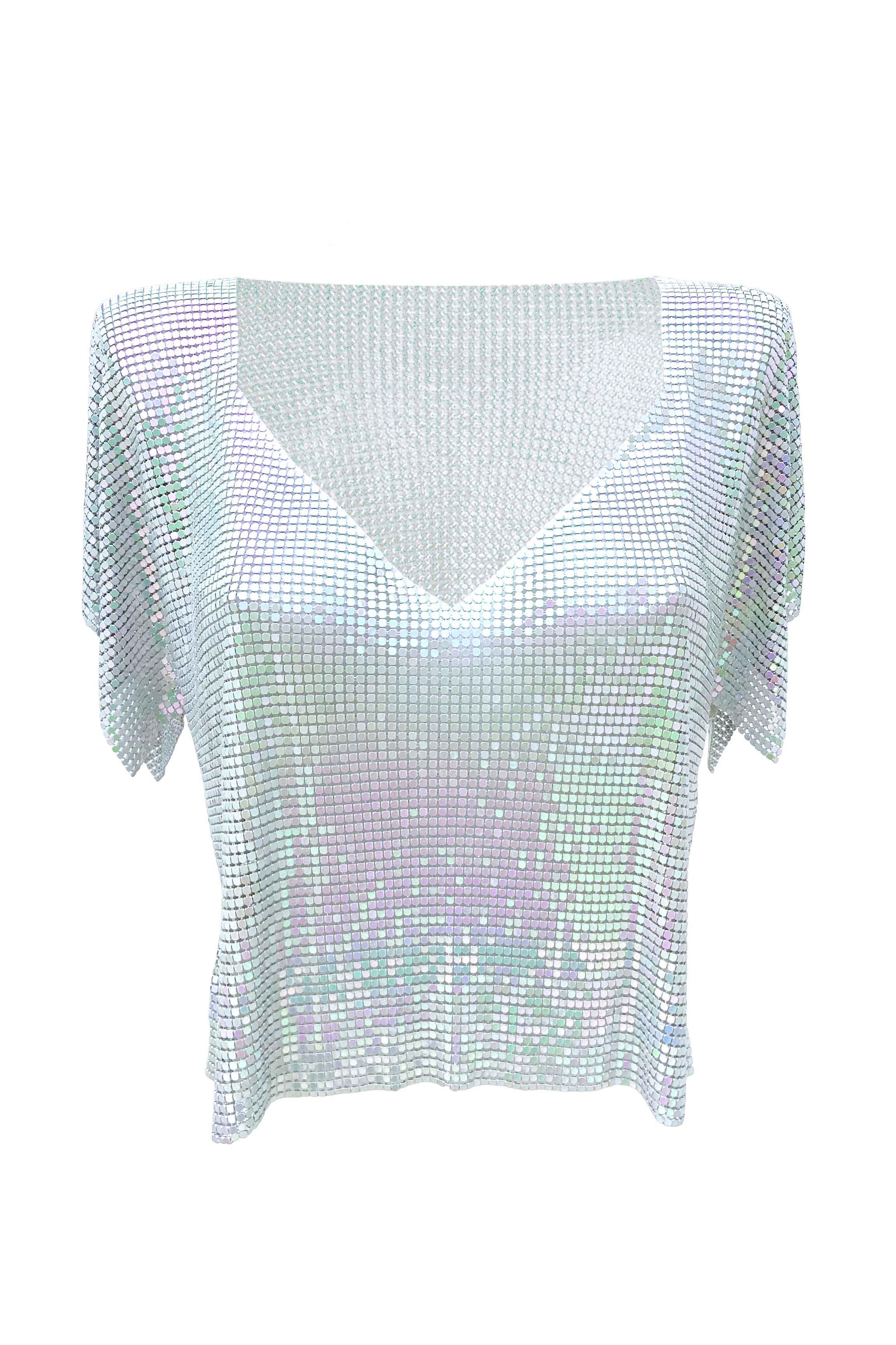 Chic opal V-neck metal top, sustainable chainmail with iridescent pastel shimmer and relaxed style