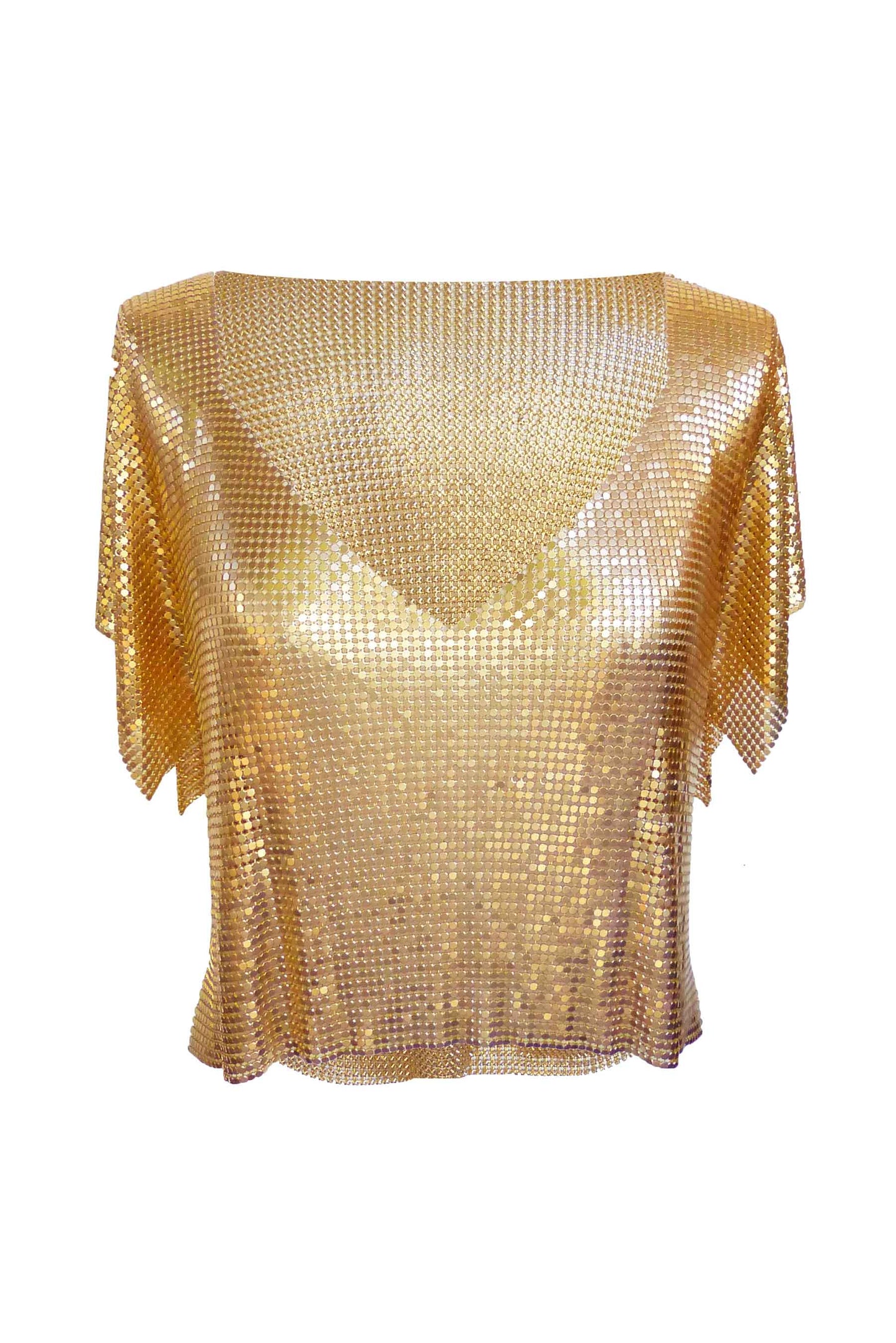 Gold V-neck metal top, relaxed chainmail style with polished metallic texture