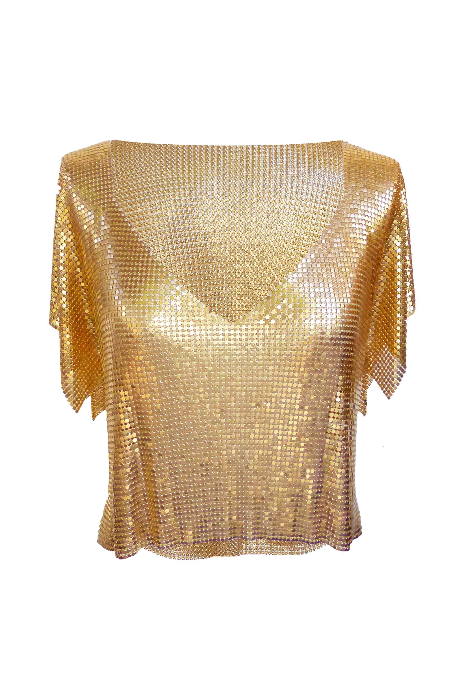 Gold V-neck metal top, relaxed chainmail style with polished metallic texture