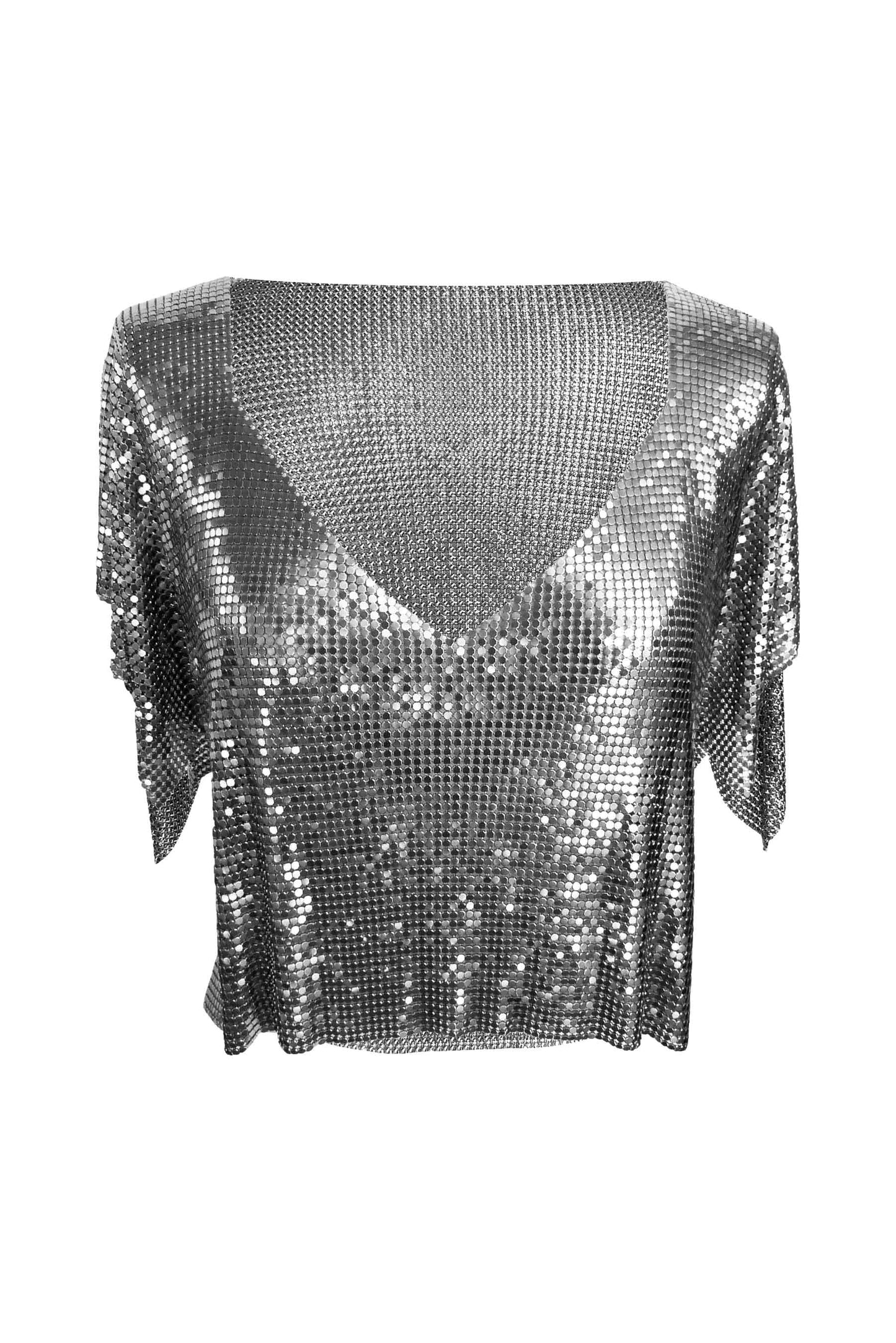 Sustainable gunmetal V-neck metal top, polished chainmail with relaxed, edgy fit