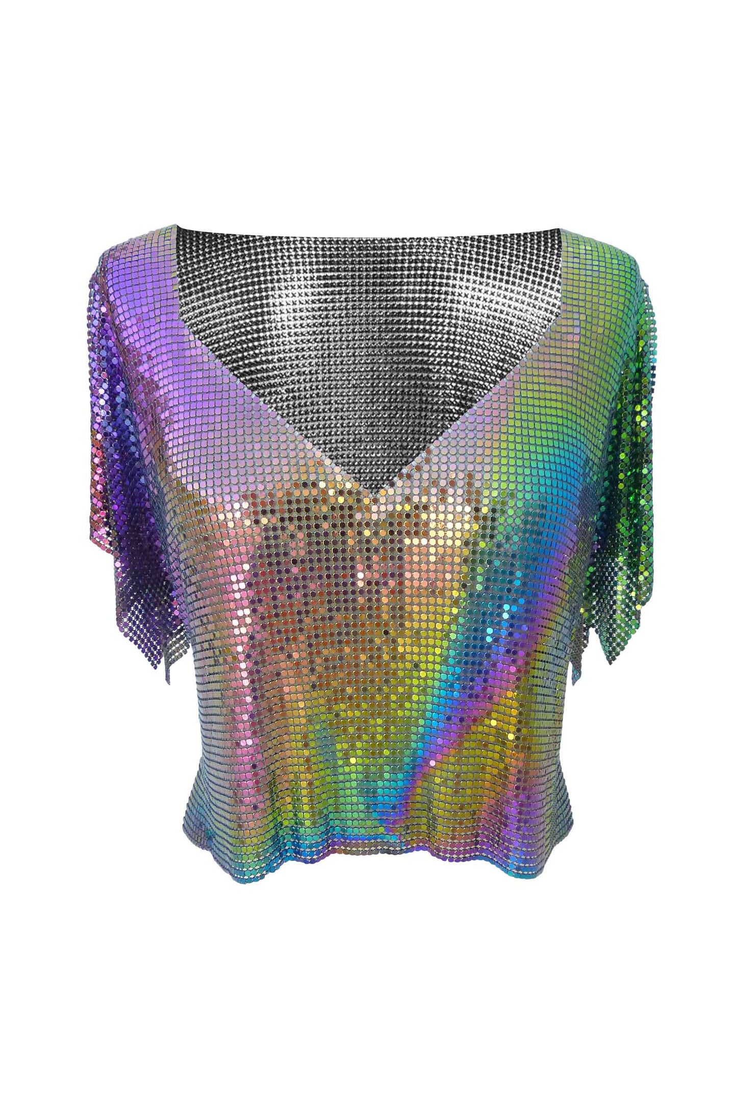 Iridescent petrol V-neck metal top, relaxed chainmail fit with shimmering metallic rainbow effect