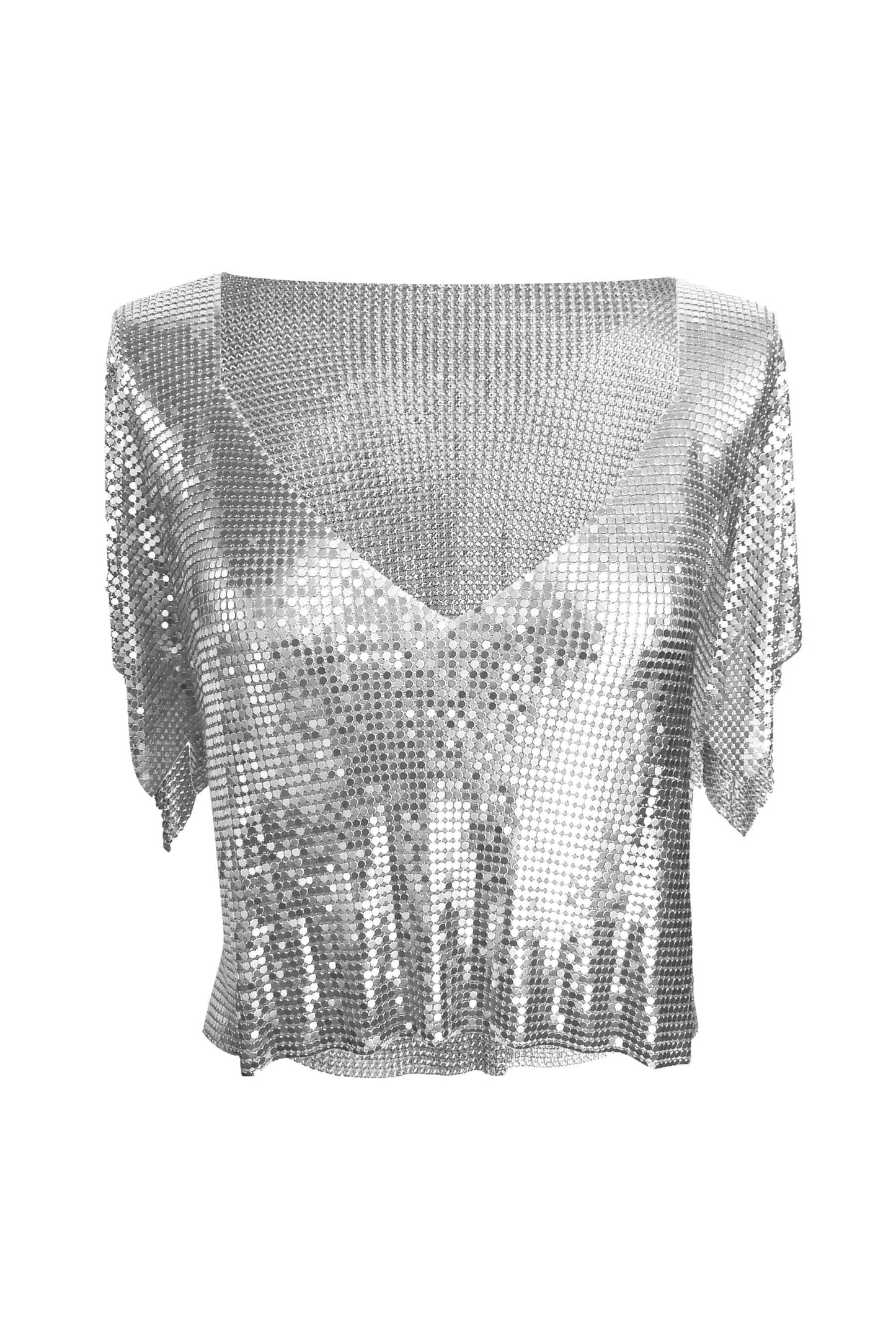 Silver chainmail metal top, V-neck design with butterfly sleeves, sleek and sustainable