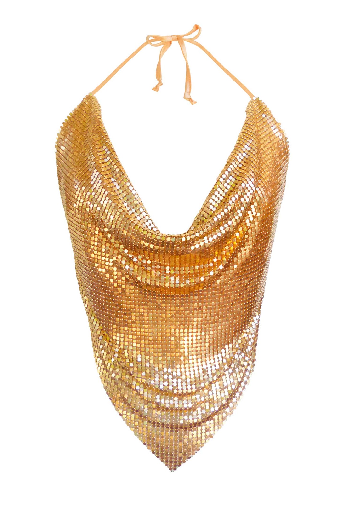 Gold backless chainmail diva top, sustainable and bold with a halter neck style