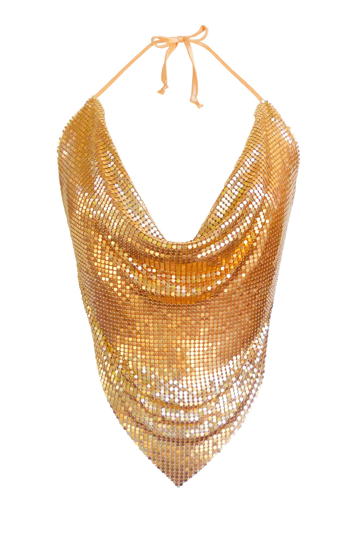 Gold backless chainmail diva top, sustainable and bold with a halter neck style