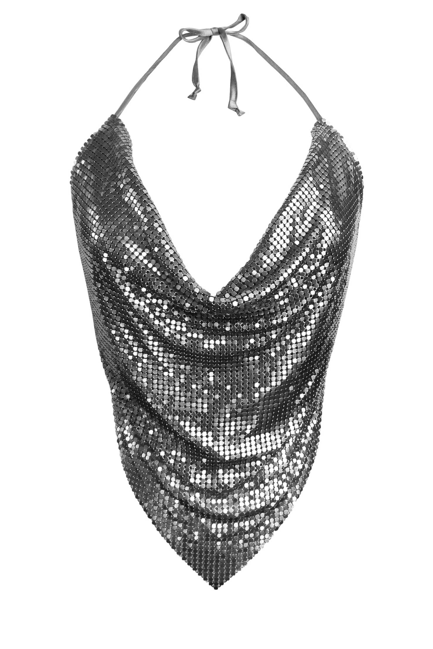Gunmetal chainmail top, sustainable and bold with a backless halter-neck design