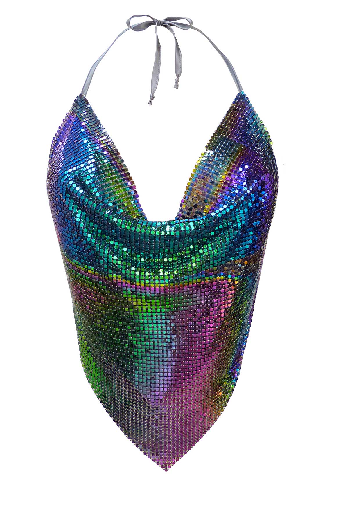 Iridescent chainmail diva top, backless halter neck with multi-colored design
