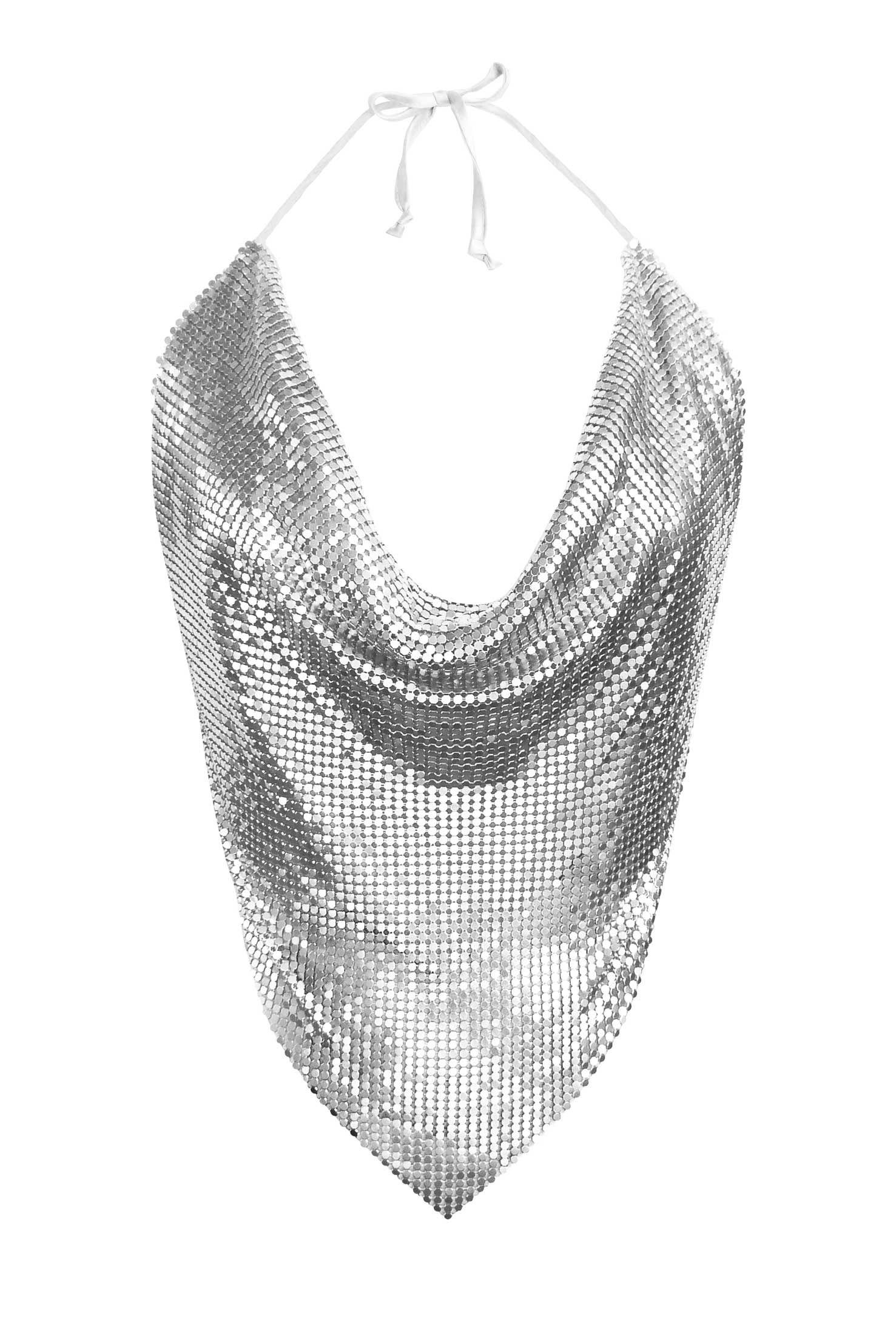Silver chainmail diva top, sustainable and bold with a backless halter-neck design