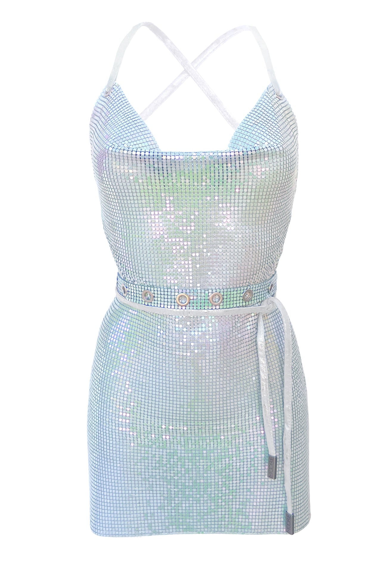 Iridescent pastel backless chainmail dress, perfect for summer events and stylish parties