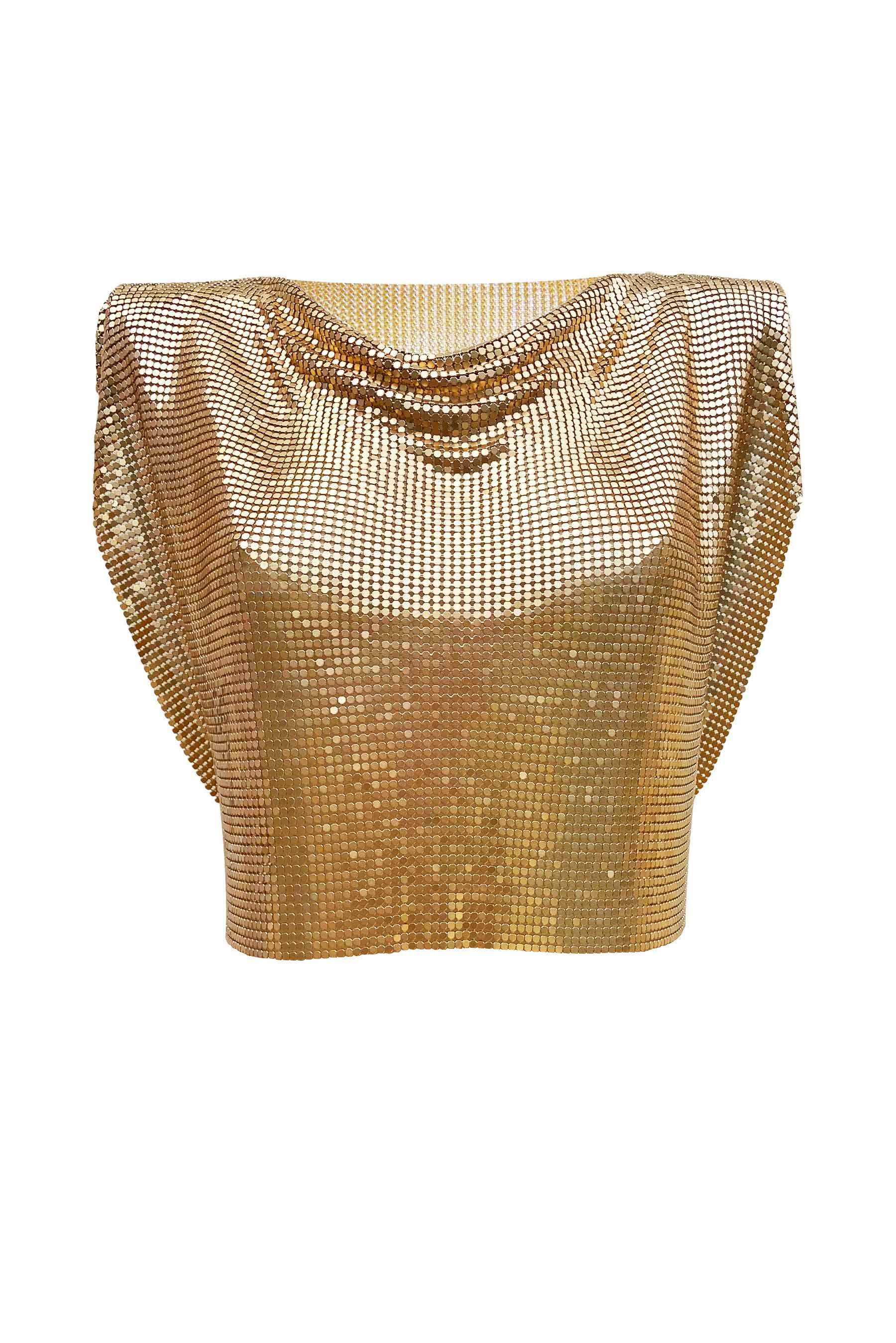 Elegant gold chainmail crop top, smooth finish for a classy, edgy look