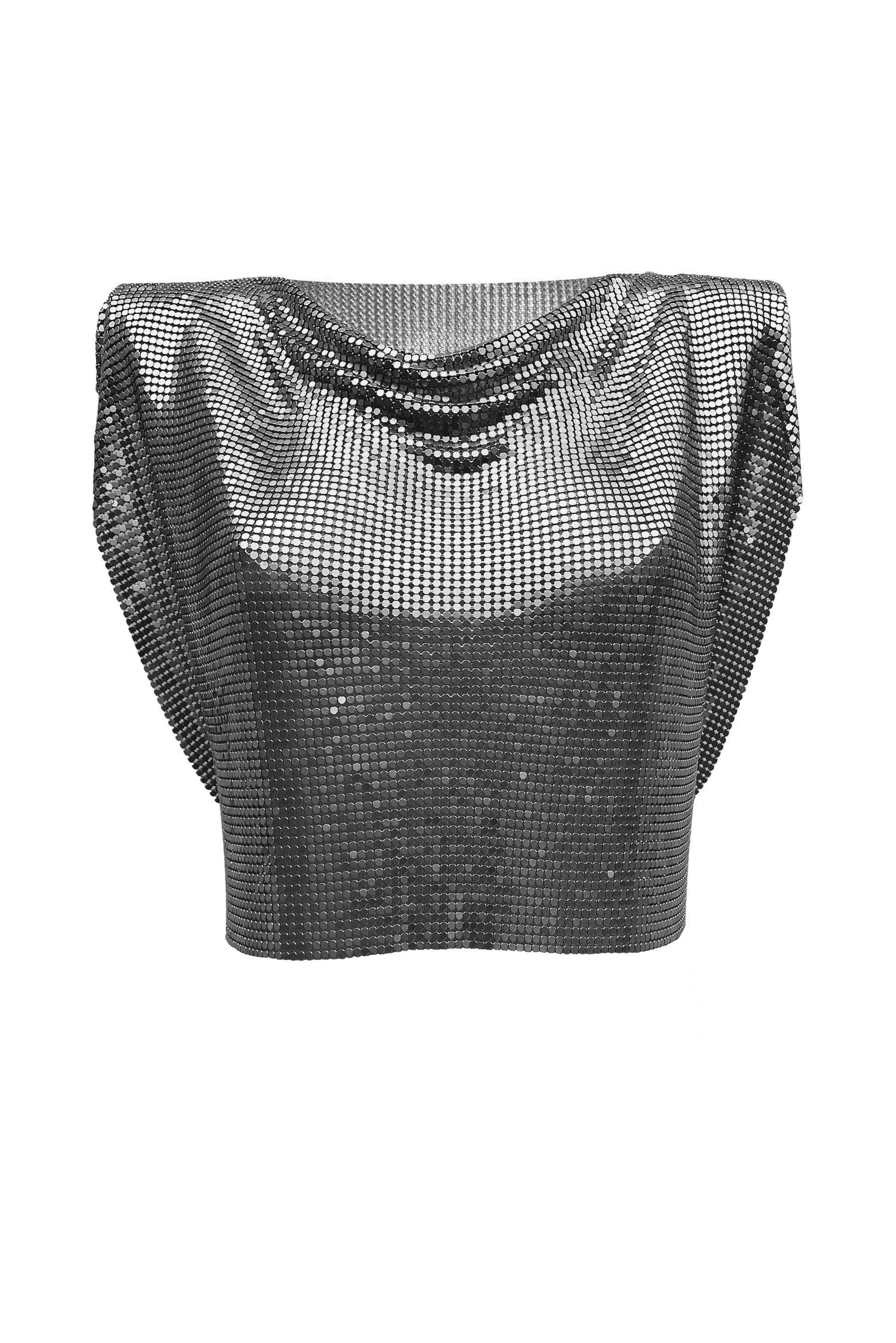 Chic gunmetal chainmail crop top, edgy metallic garment with polished finish