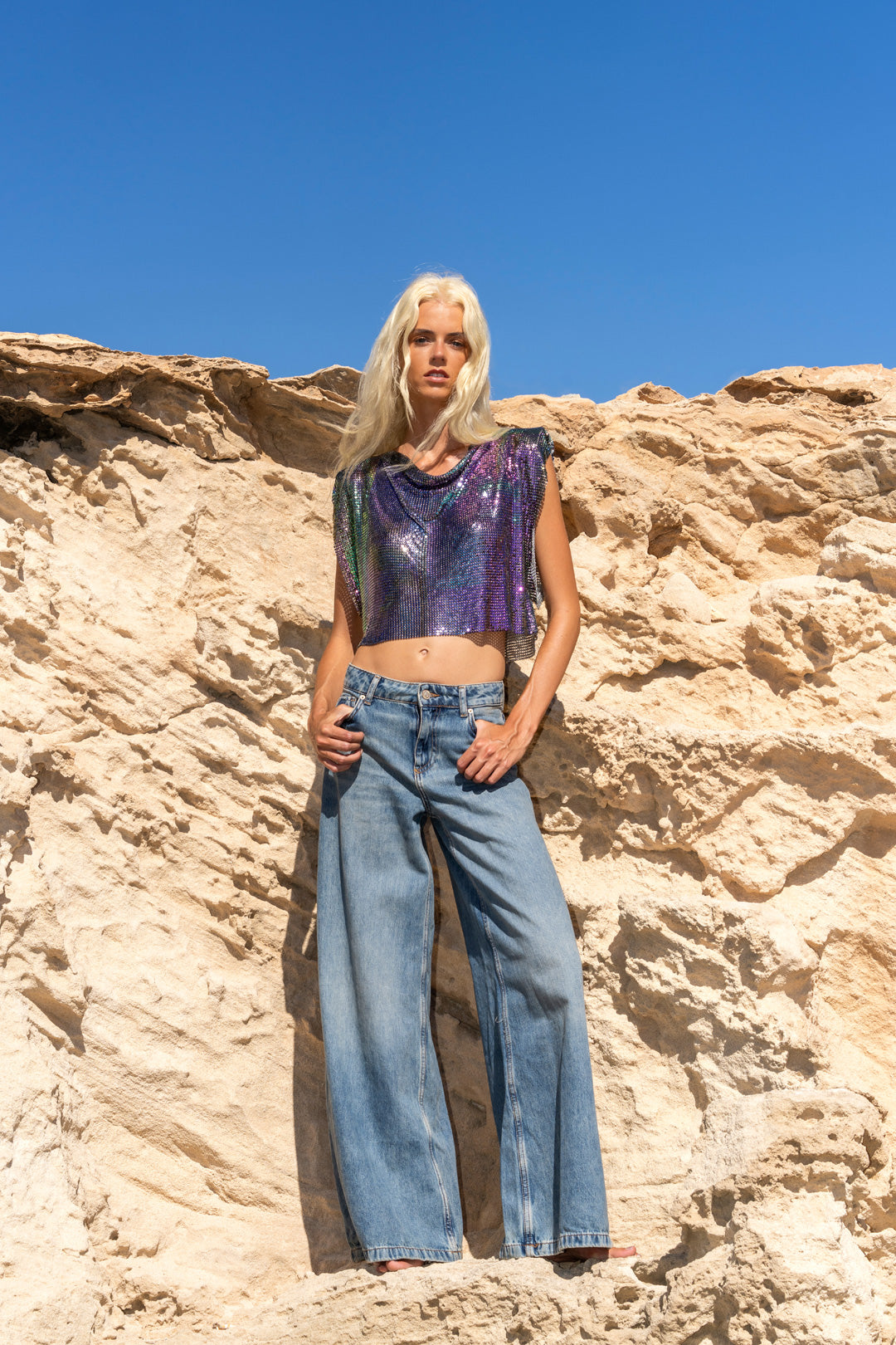 Iridescent petrol chainmail crop top, multi-colored shimmer with bold edge