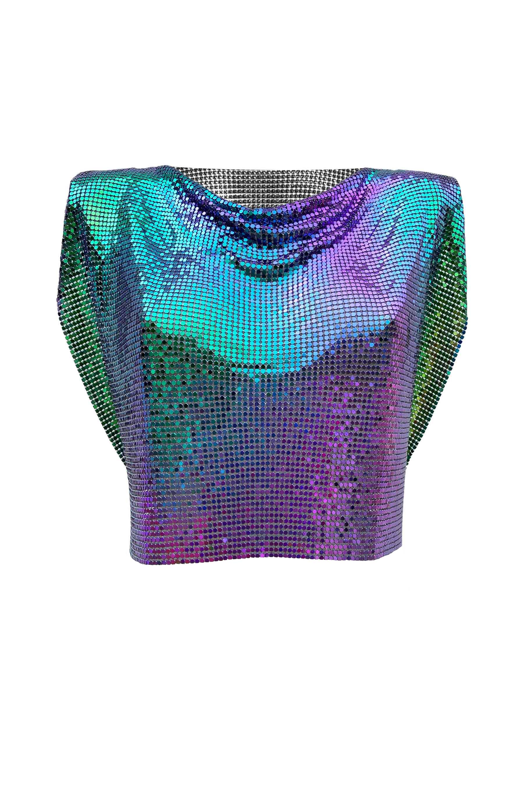 Petrol chainmail crop top, real metal with iridescent finish, chic and bold
