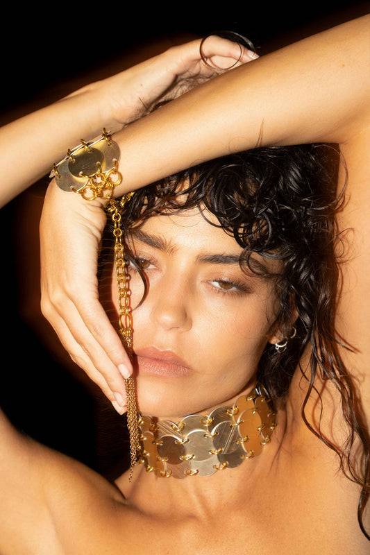 Eco-friendly gold cuff bracelet made from recycled aluminum, non-tarnish and vegan-friendly, handmade in Ibiza