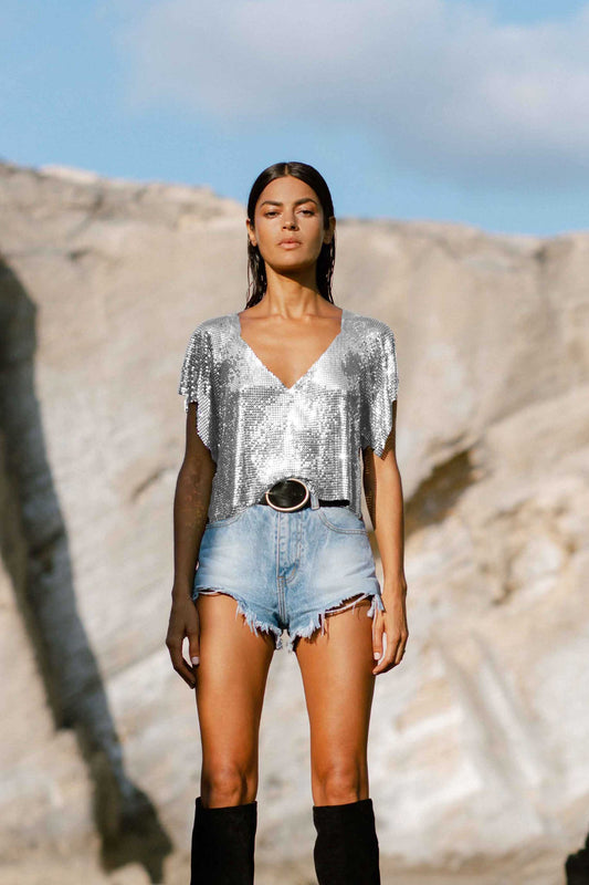 Silver V-neck chainmail metal top, relaxed fit with sleek butterfly sleeves
