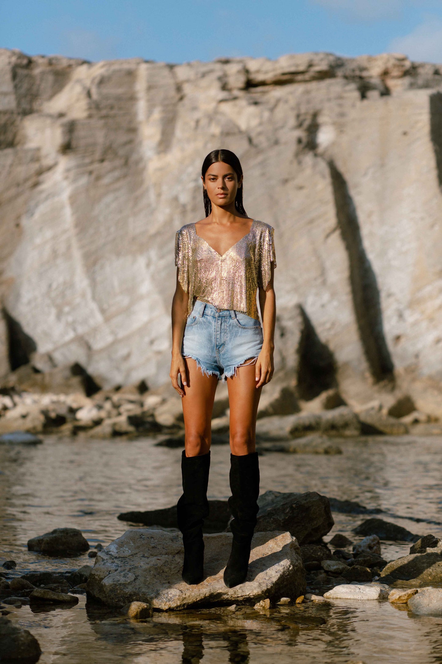 Gold chainmail metal top with V-neck and butterfly sleeves, sustainable and polished