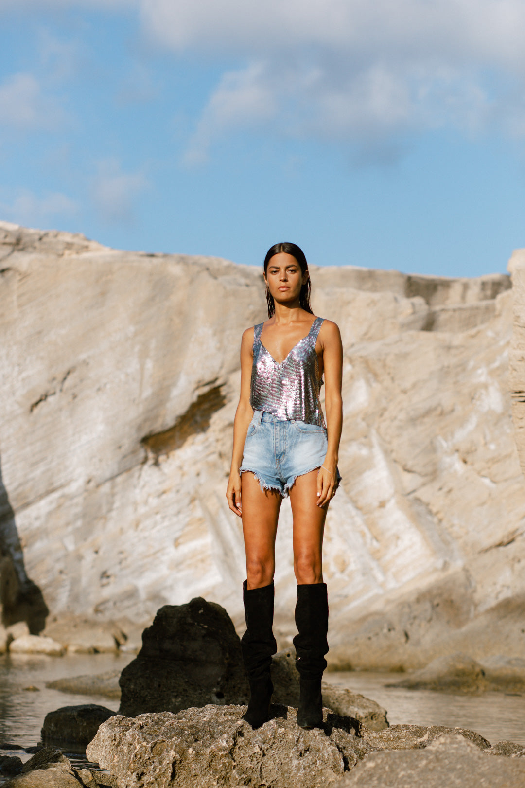 Chic gunmetal chainmail metal tank top, basic sleeveless design with sleek metallic texture