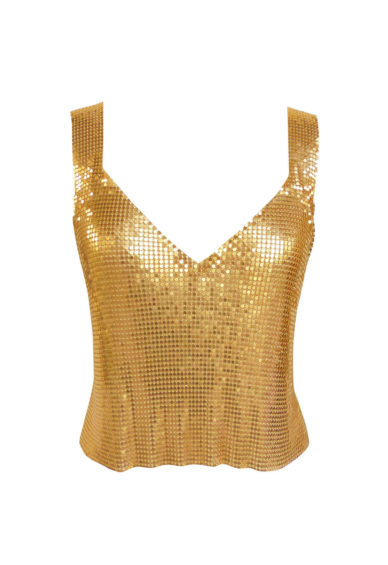 Gold chainmail metal top, simple and stylish with a minimalist sleeveless design