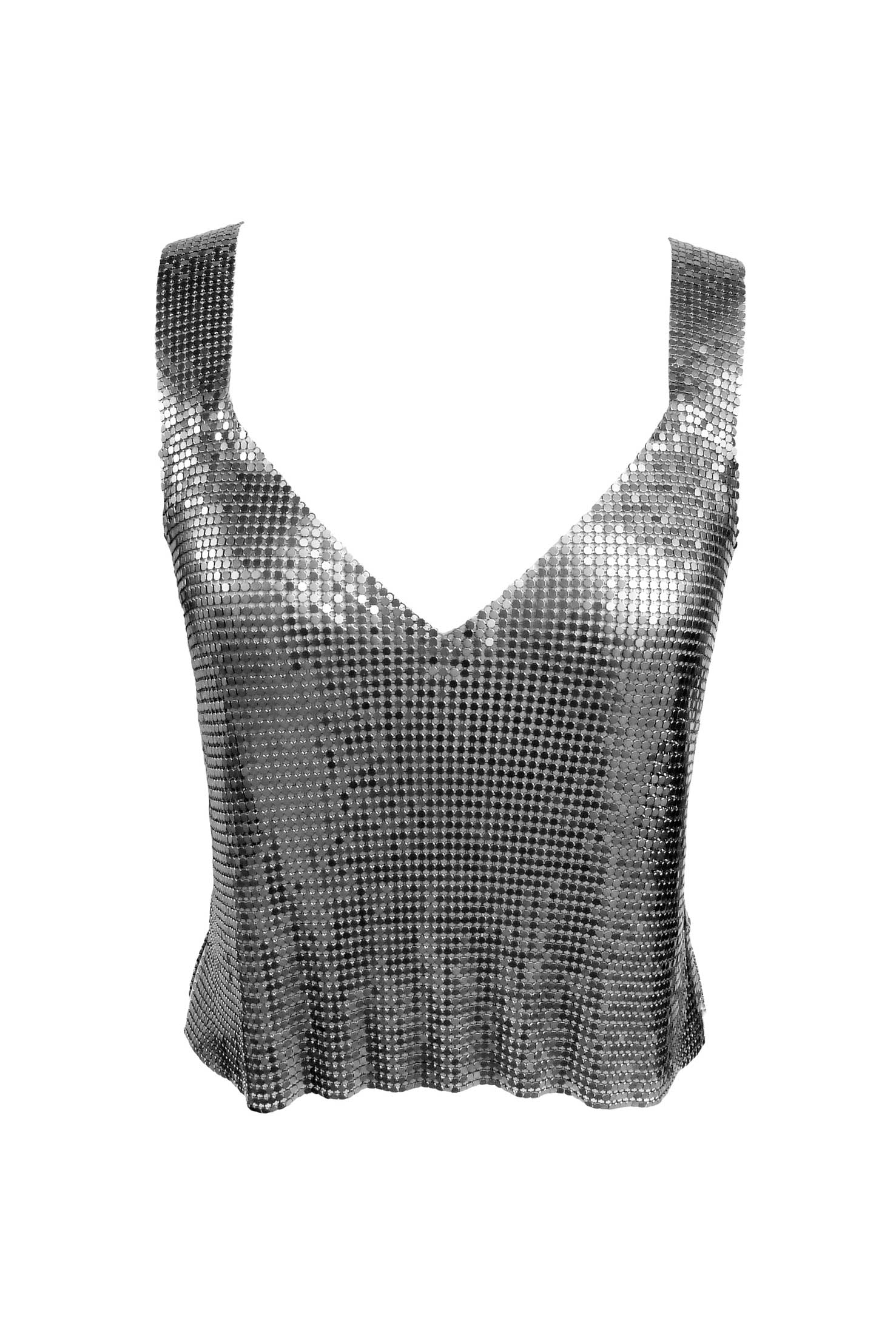 Eco-conscious gunmetal chainmail tank top, sleek and simple with bold metallic shine