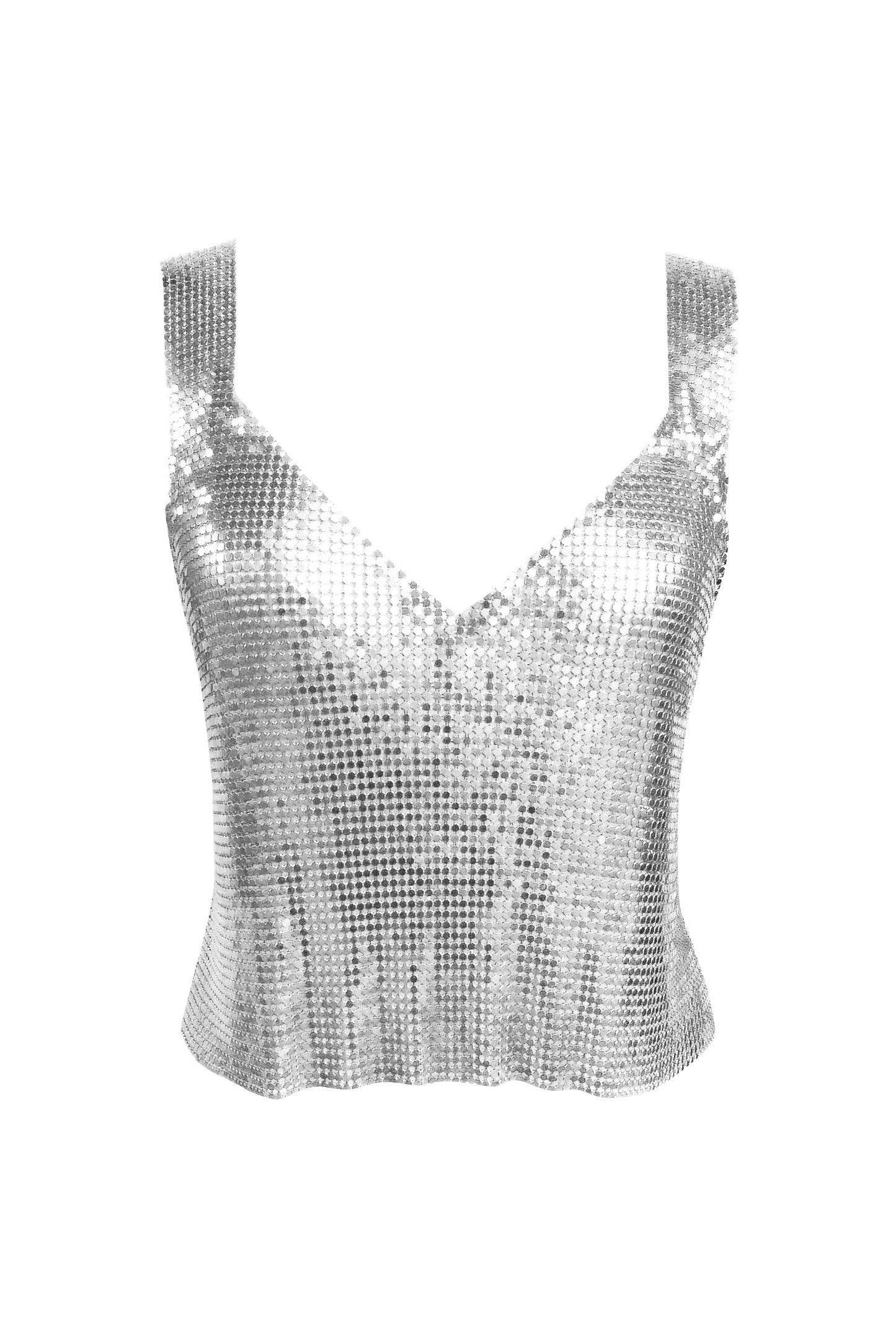Silver chainmail metal top, V-neck style with a simple, versatile design