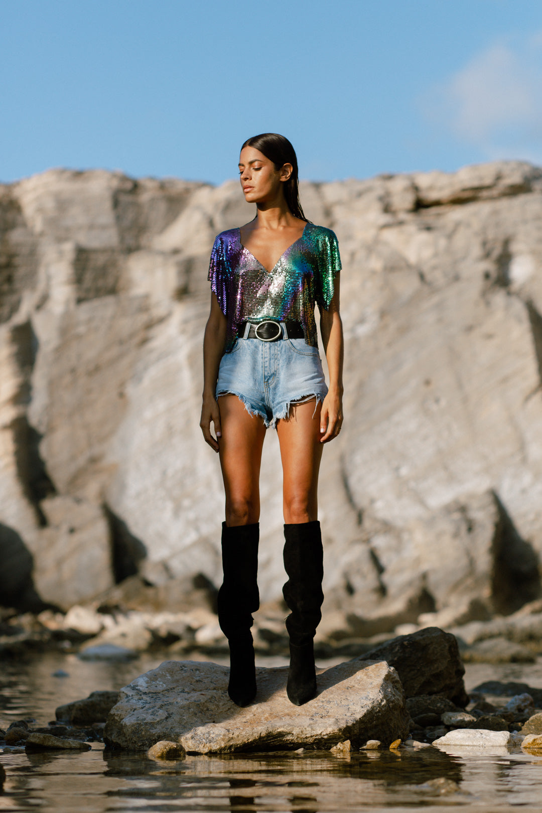 Eco-conscious petrol V-neck chainmail metal top, bold and relaxed with iridescent shine