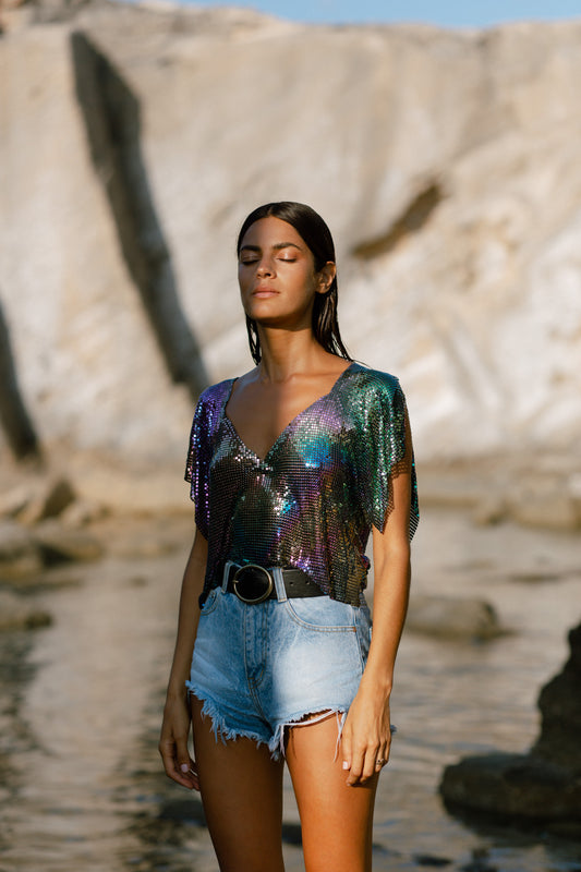 Iridescent V-neck chainmail metal top, relaxed fit with shimmering butterfly sleeves