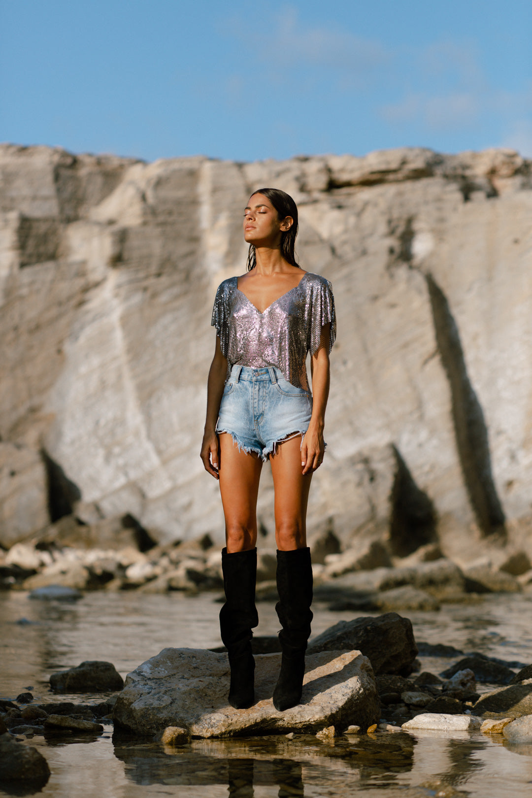 Gunmetal V-neck metal top, chainmail style with butterfly sleeves, bold and sustainable