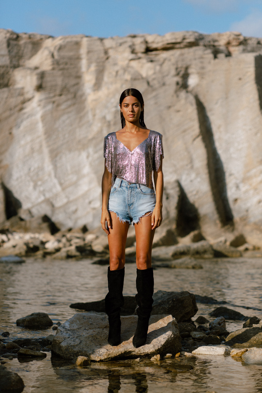 Eco-friendly gunmetal V-neck chainmail metal top, edgy and relaxed with sleek shine
