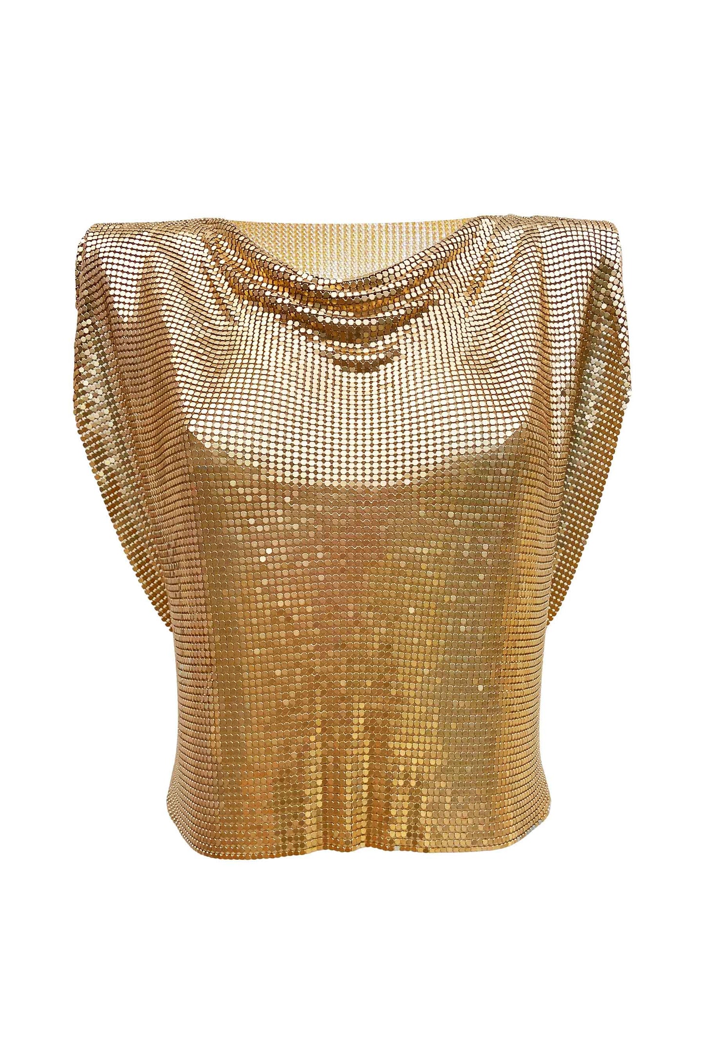 Gold metal chainmail top, smooth and shiny for an edgy, bold fashion look