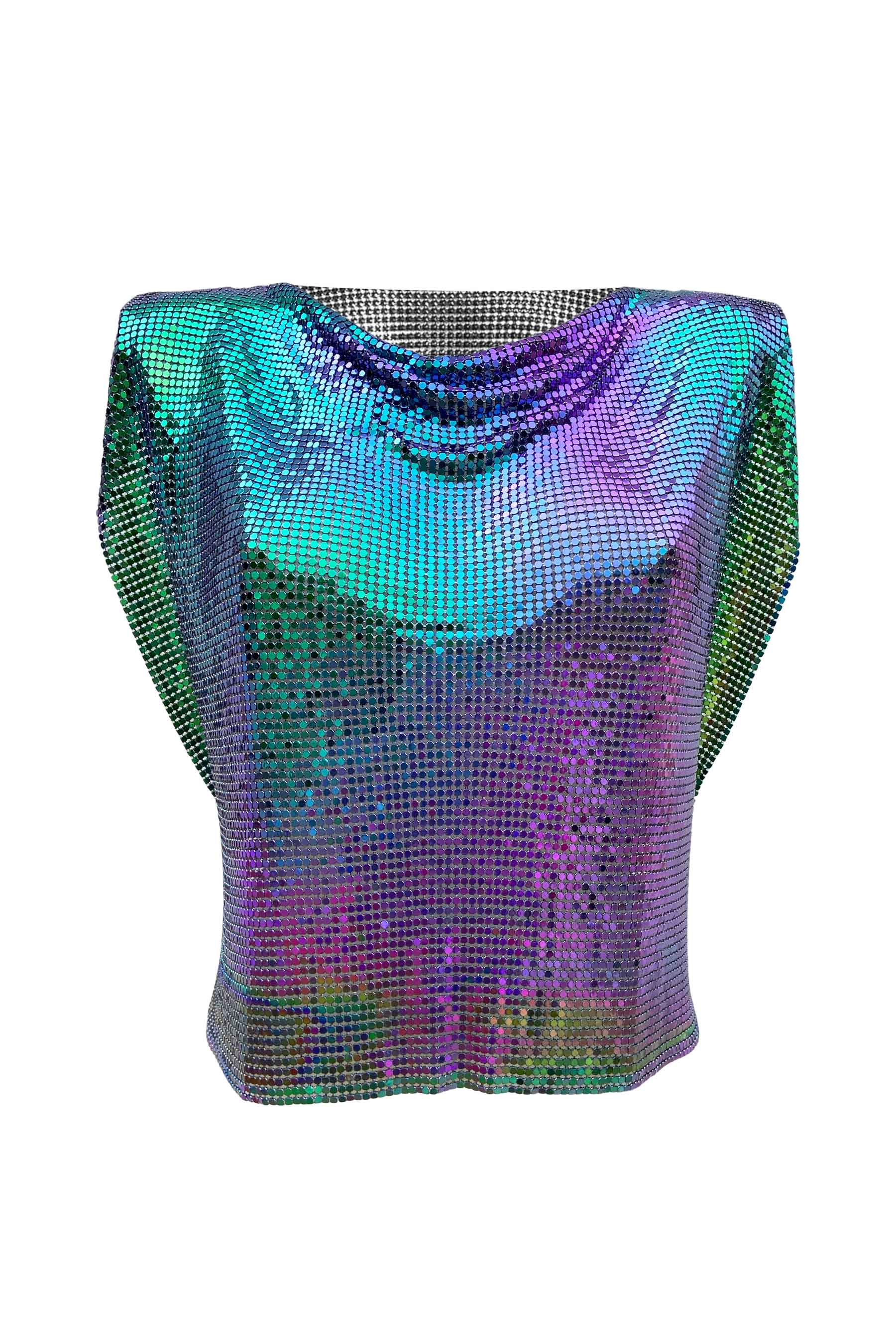 Petrol iridescent chainmail top, real metal garment with a polished finish for a classy, rock-inspired aesthetic