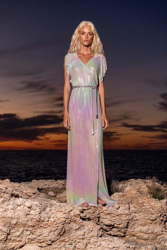 Floor-length opal chainmail maxi dress with iridescent shimmer, show-stopping design