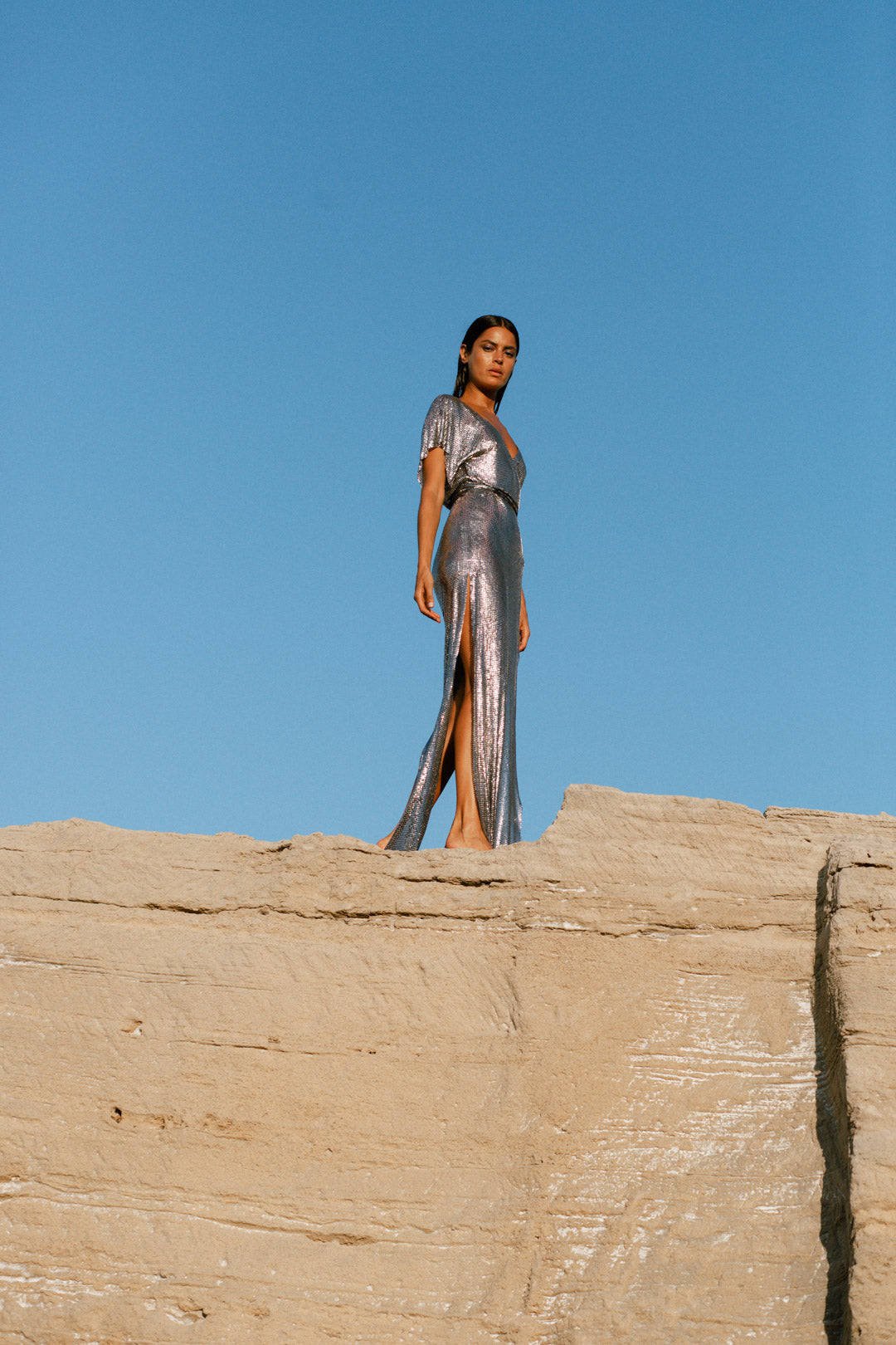 Elegant gunmetal chainmail maxi dress, floor-length statement gown with a polished metallic shine