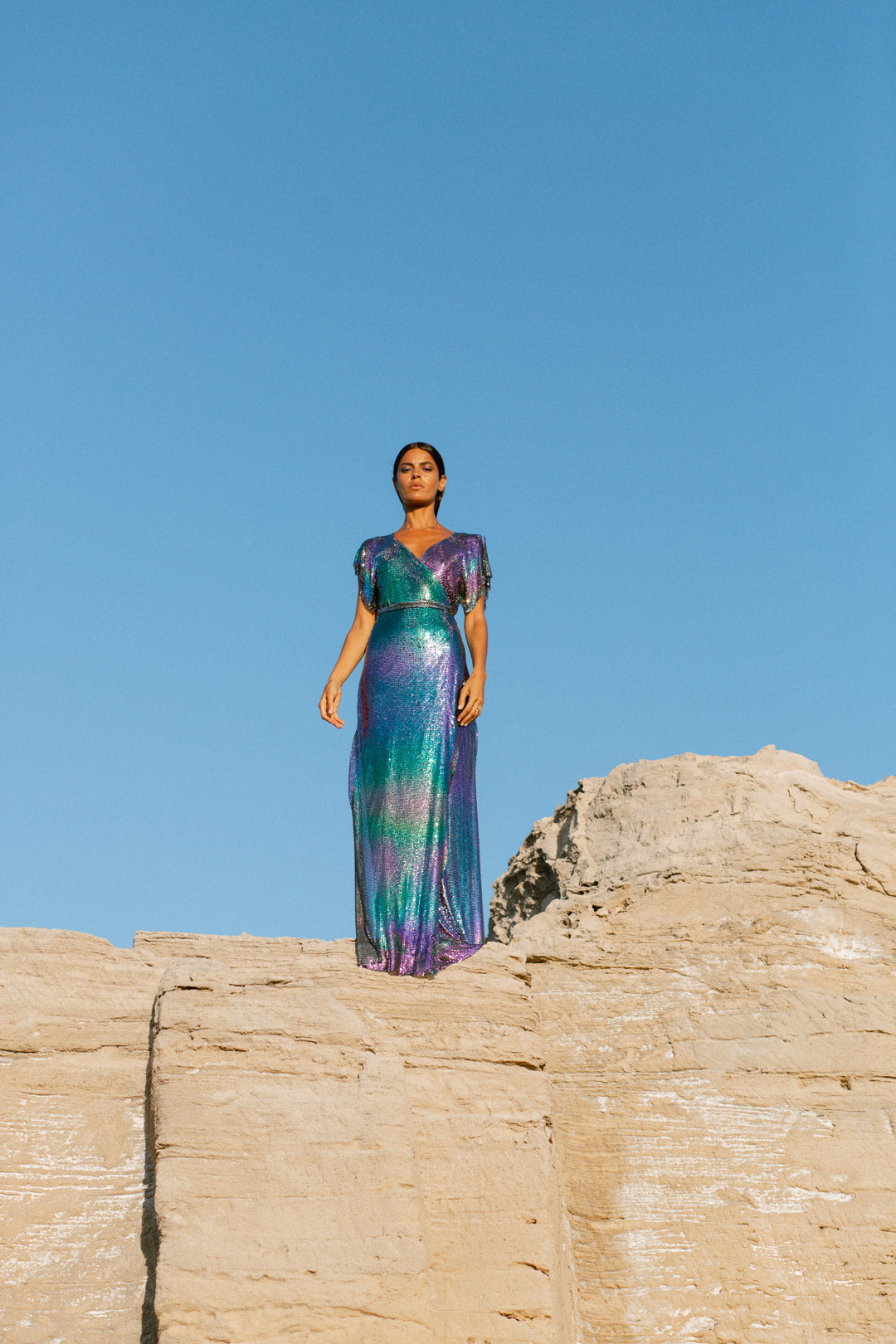 Show-stopping petrol chainmail maxi dress, sleek metallic floor-length design with iridescent effect
