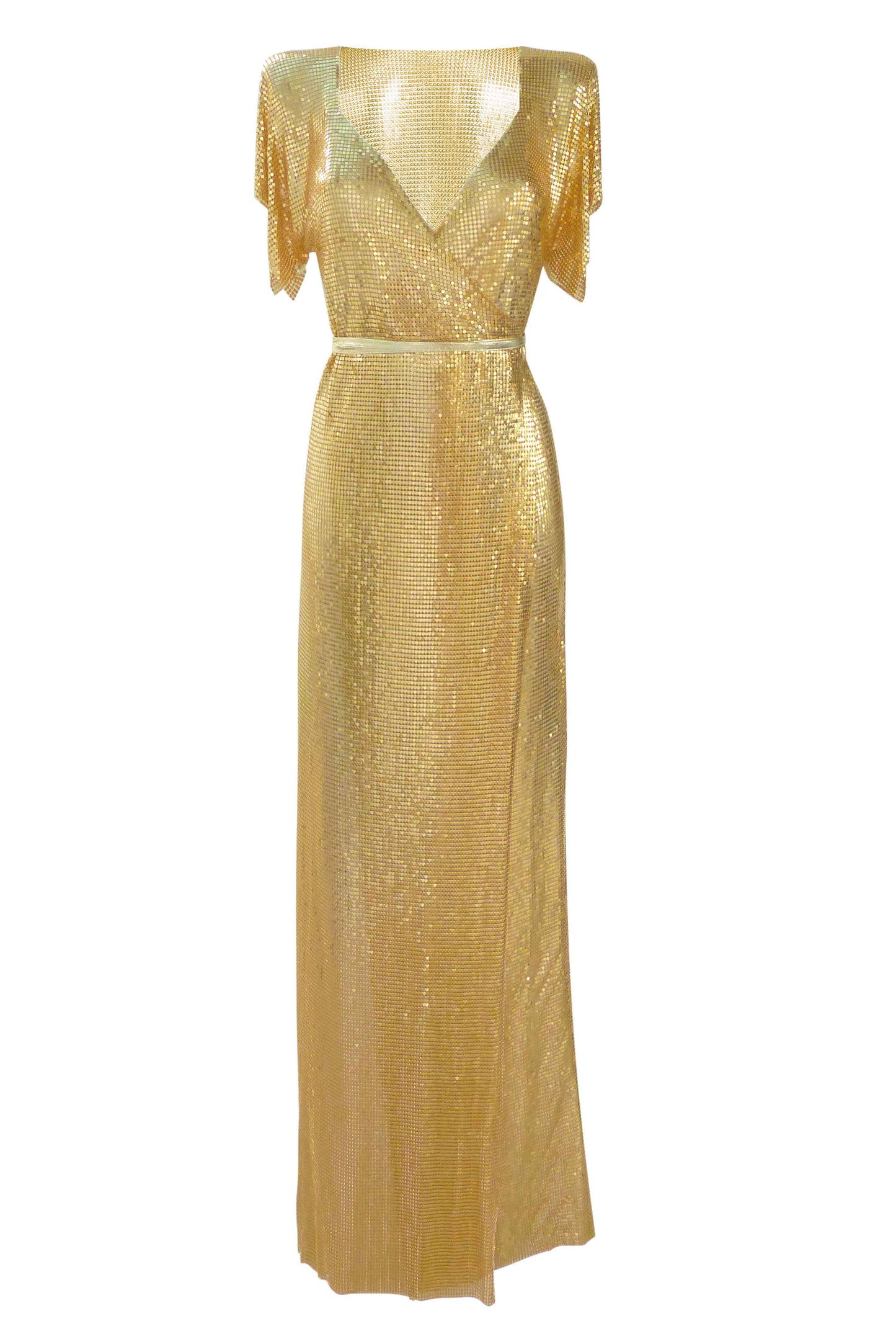 Gold chainmail maxi dress, bold and glamorous full-length dress with a polished metallic finish