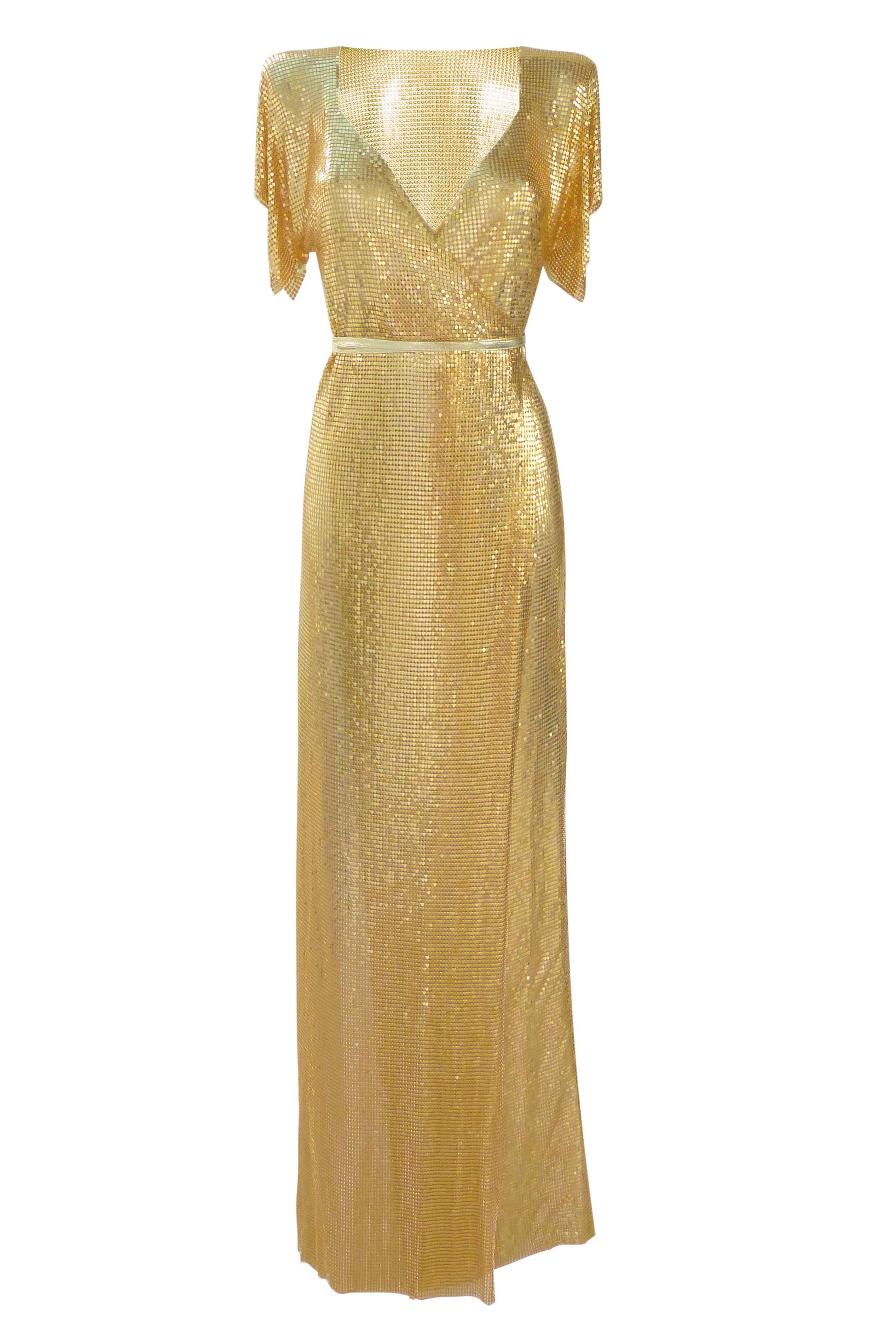Gold chainmail maxi dress, bold and glamorous full-length dress with a polished metallic finish