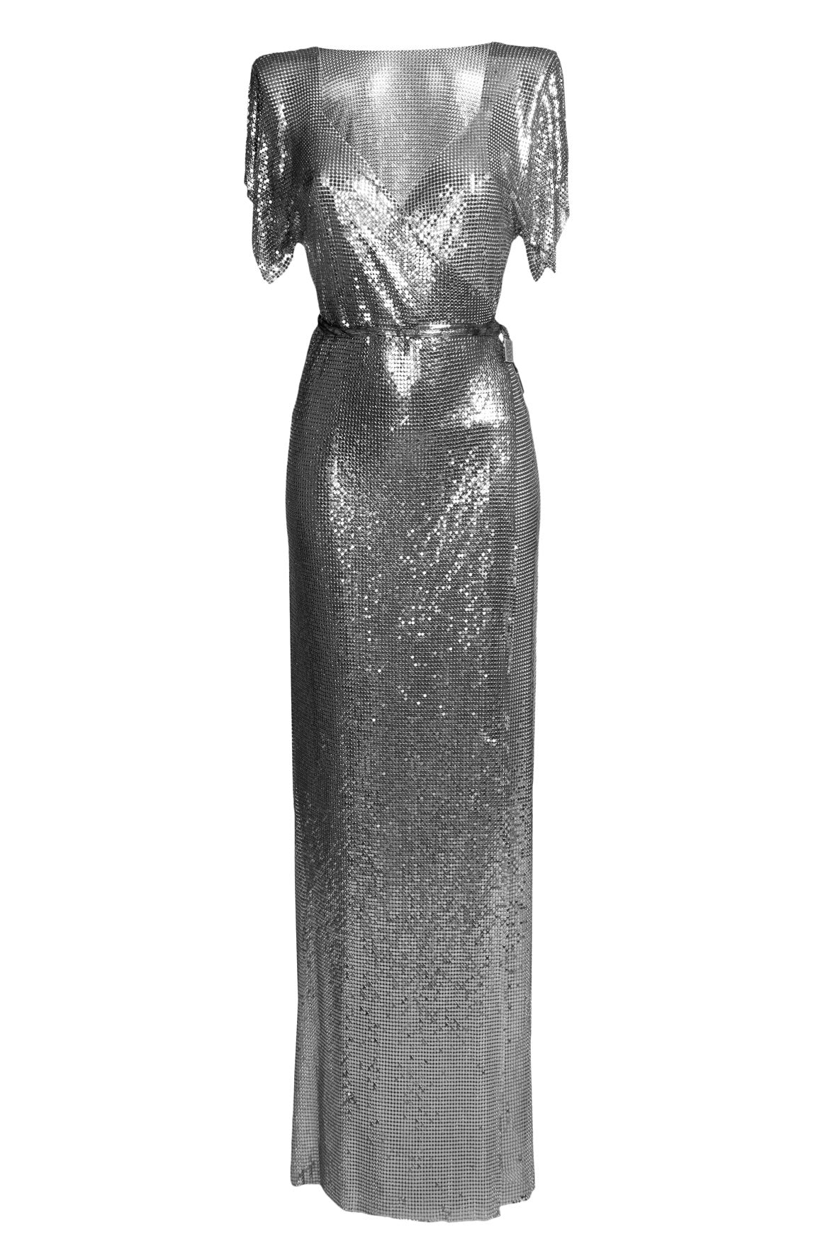 Gunmetal chainmail maxi dress, striking floor-length gown with sleek metallic finish for a chic, rock-inspired look