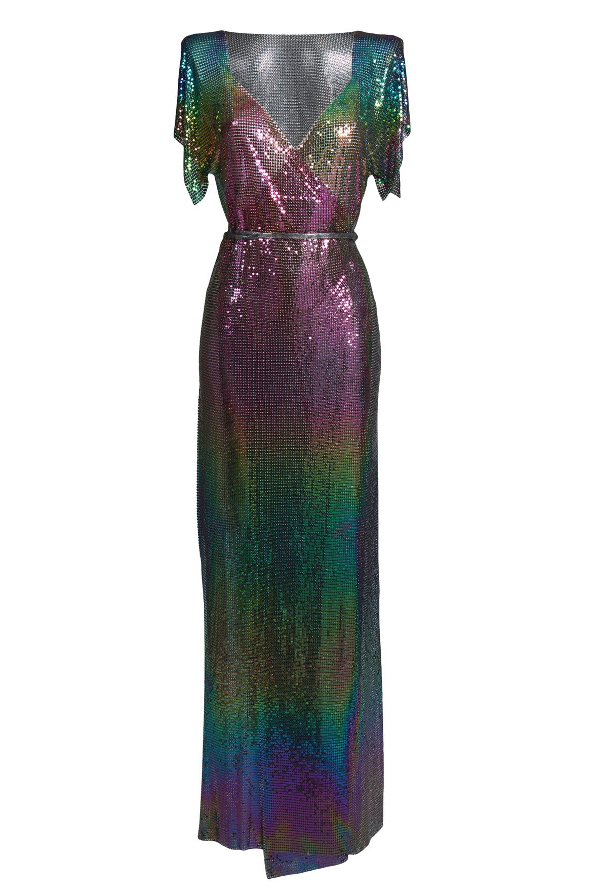 Iridescent petrol-colored chainmail maxi dress, luxurious floor-length gown with multi-colored shimmer