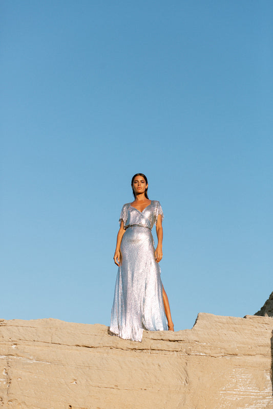Elegant silver chainmail maxi dress, floor-length statement gown with a polished metallic shine
